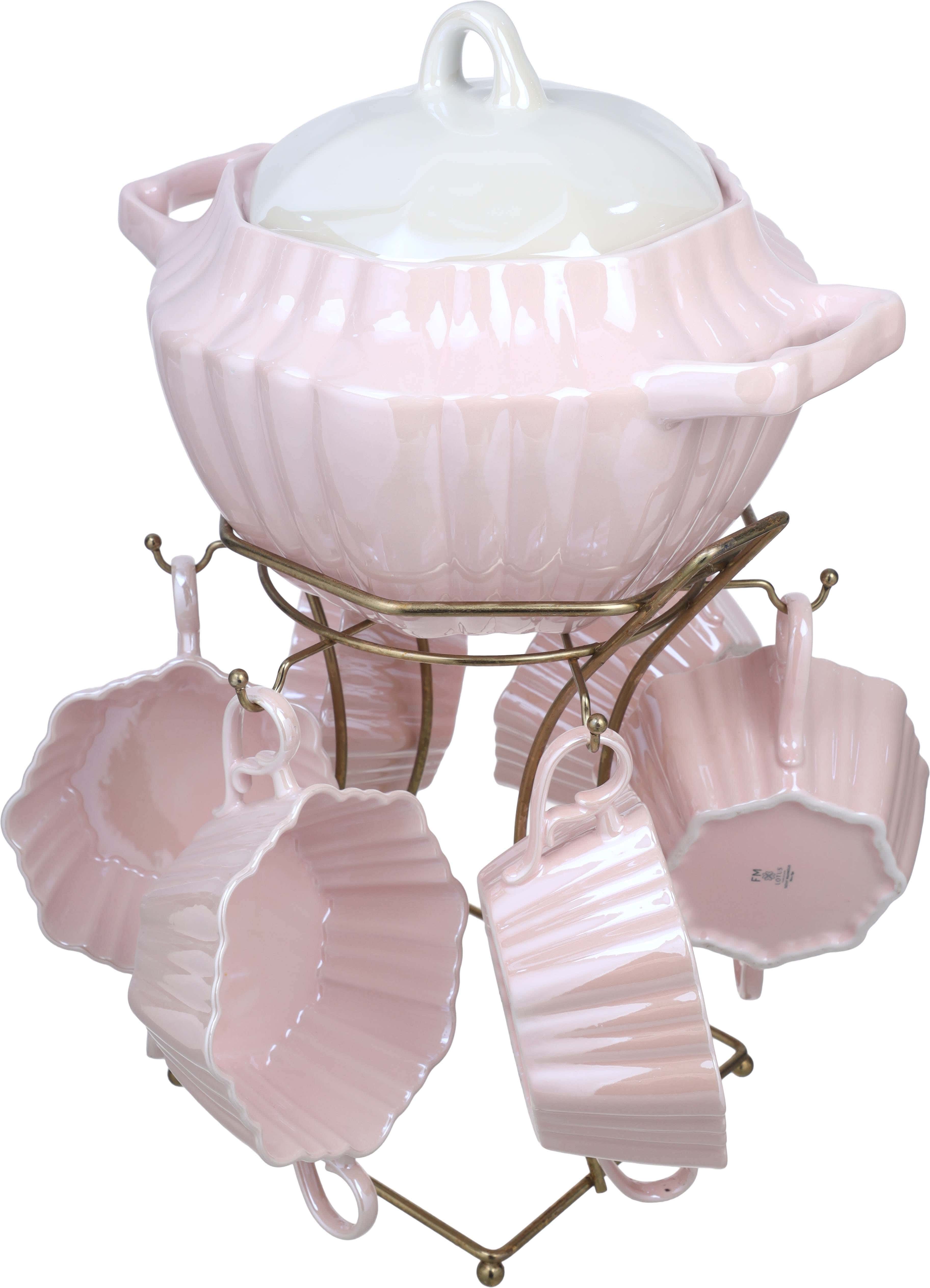 Lotus Porcelain Bowl Set, 7 Pieces, with Stand - Rose White