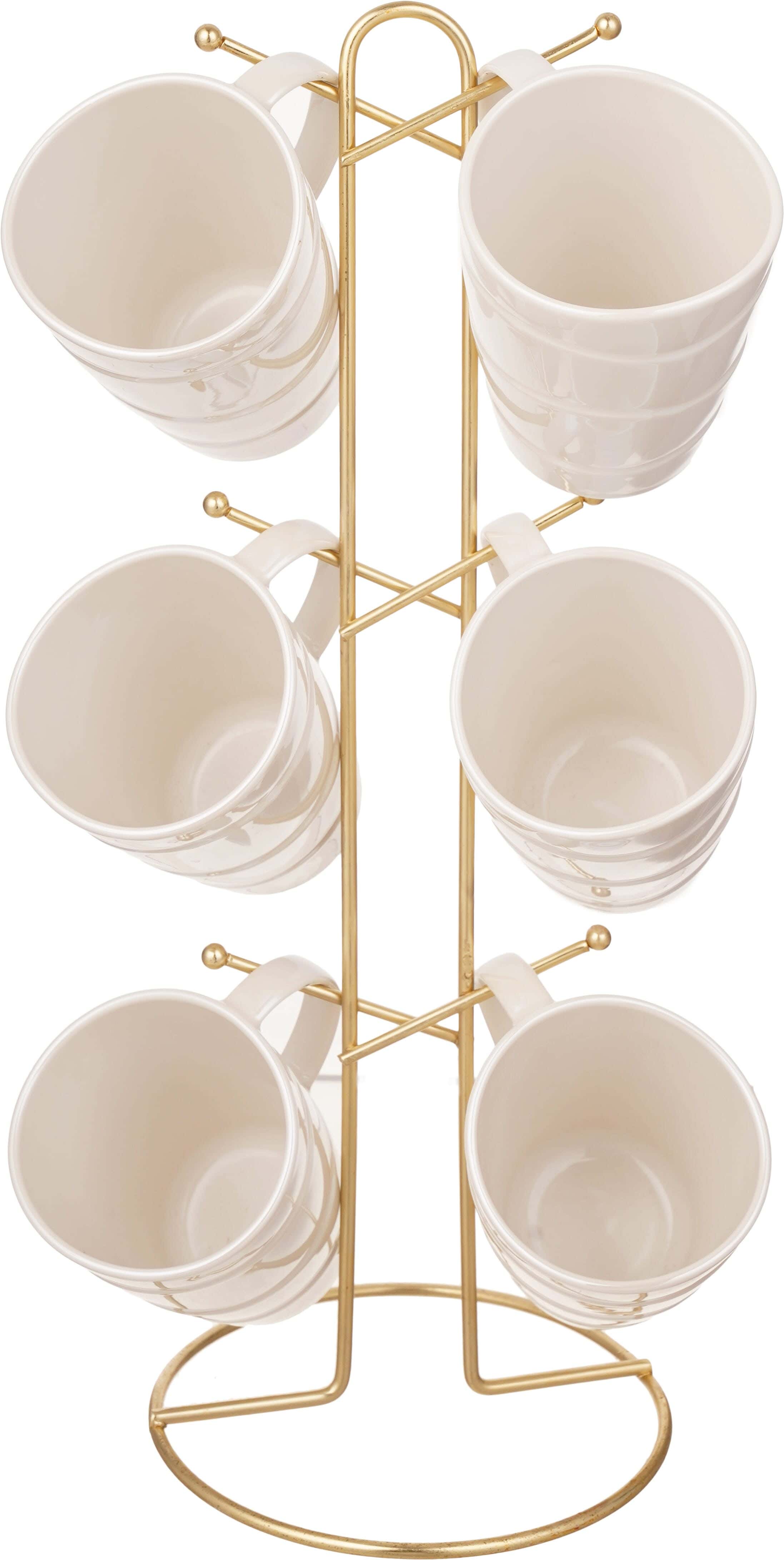 Lotus Porcelain Mug Set, 6 Pieces, 350 ml, with Stand - White Gold