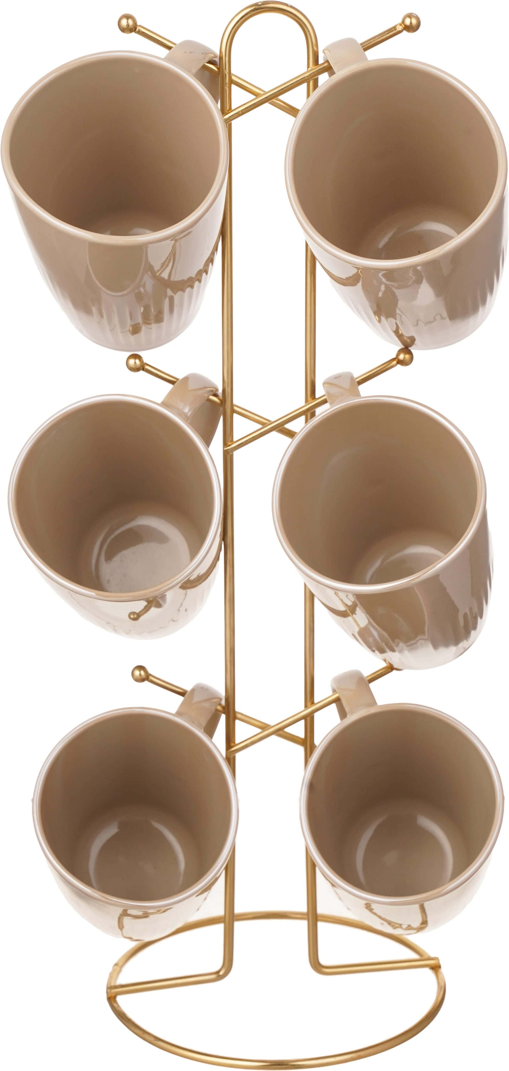 Lotus Porcelain Mug Set, 6 Pieces, 350 ml, with Stand - Coffee