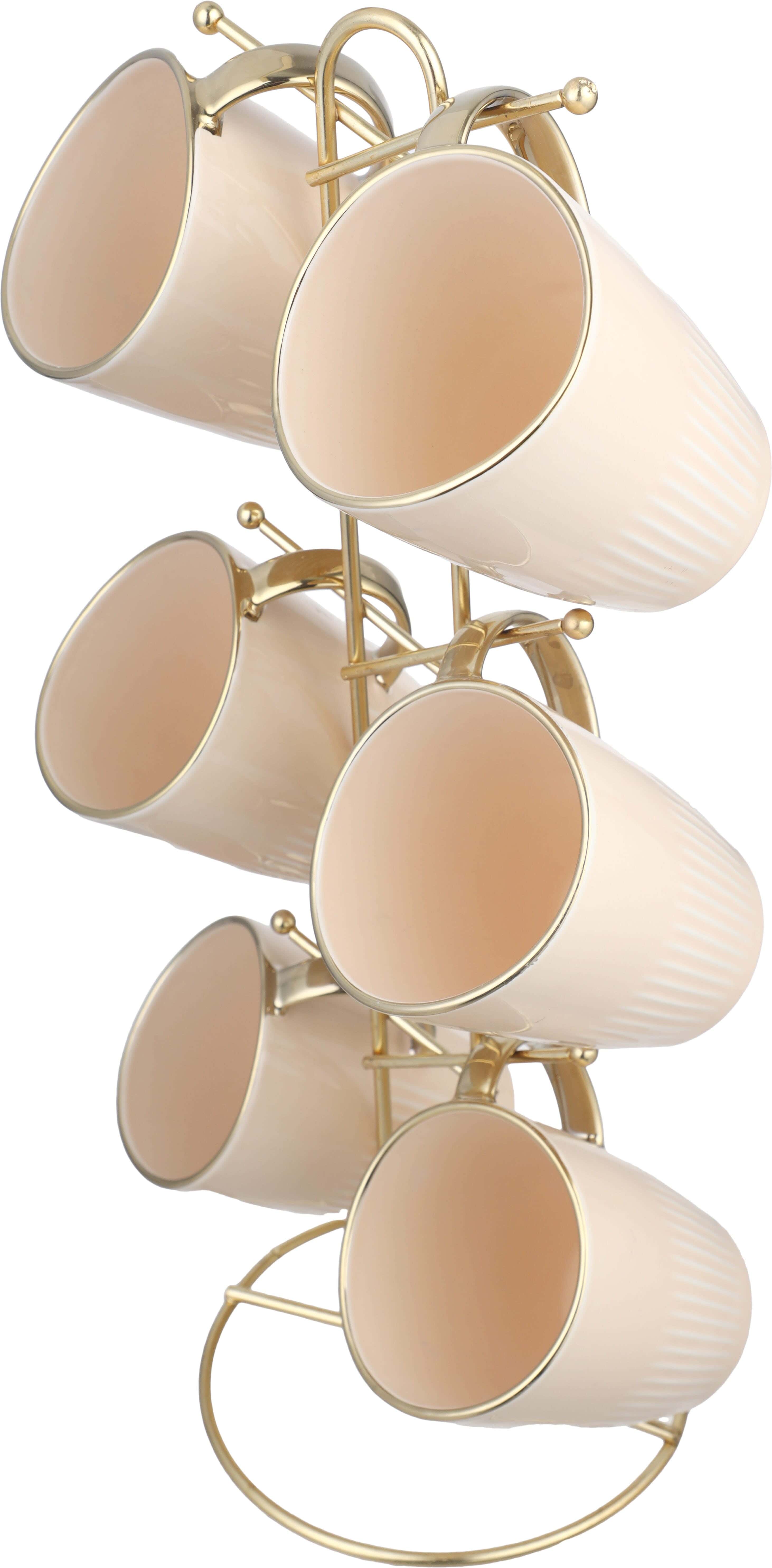 Lotus Porcelain Mug Set, 6 Pieces, 300 ml, with Stand - Beige Gold