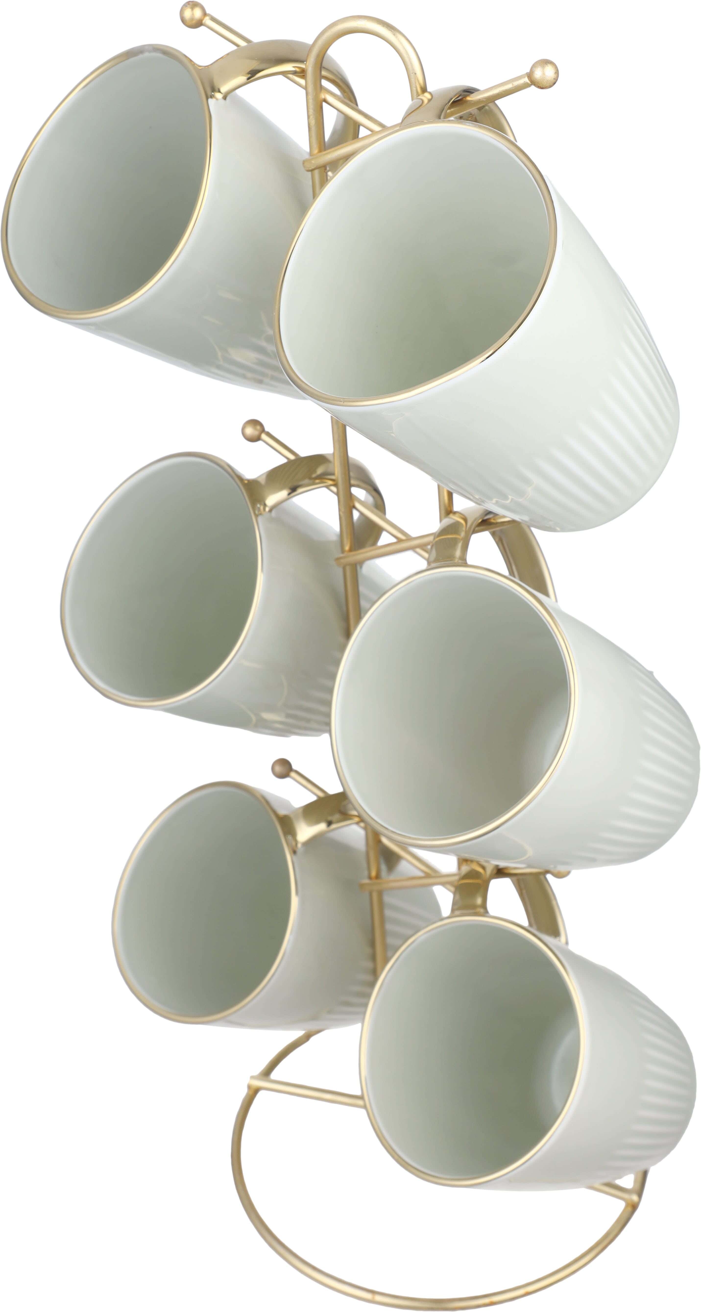 Lotus Porcelain Mug Set, 6 Pieces, 300 ml, with Stand - Olive Gold