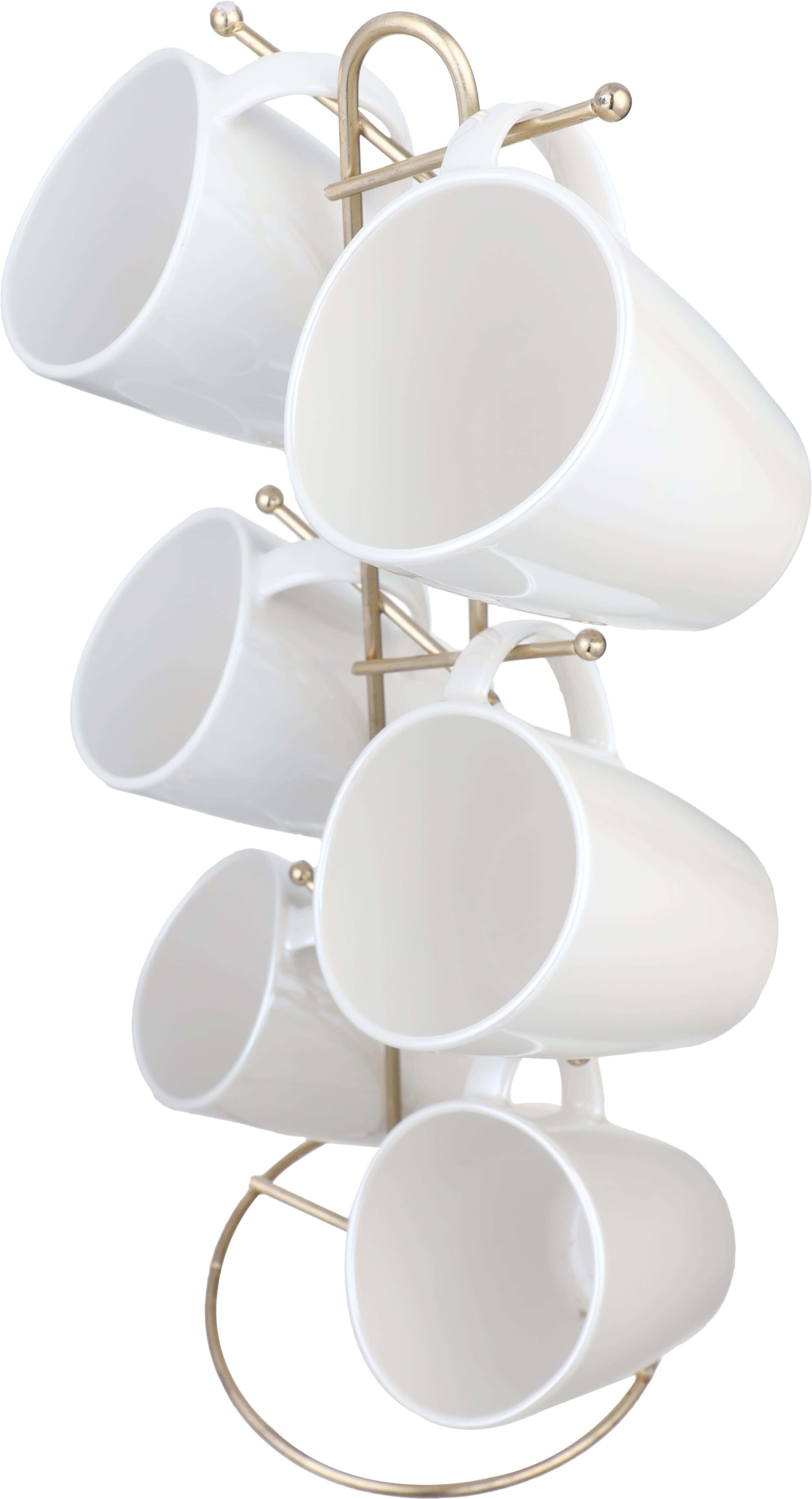 Lotus Porcelain Mug Set, 6 Pieces, 300 ml, with Stand - White Gold