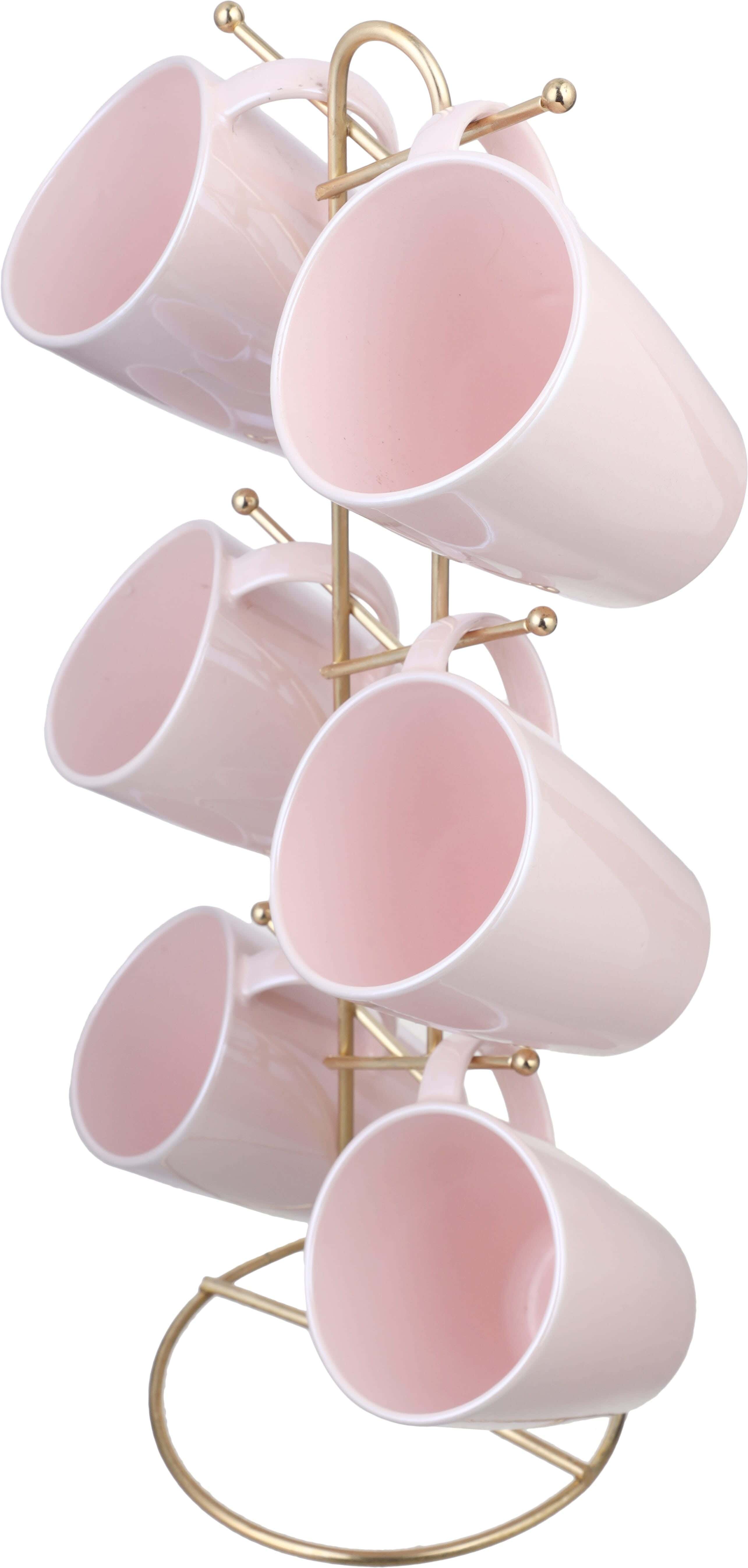 Lotus Porcelain Mug Set, 6 Pieces, 300 ml, with Stand - Rose Gold