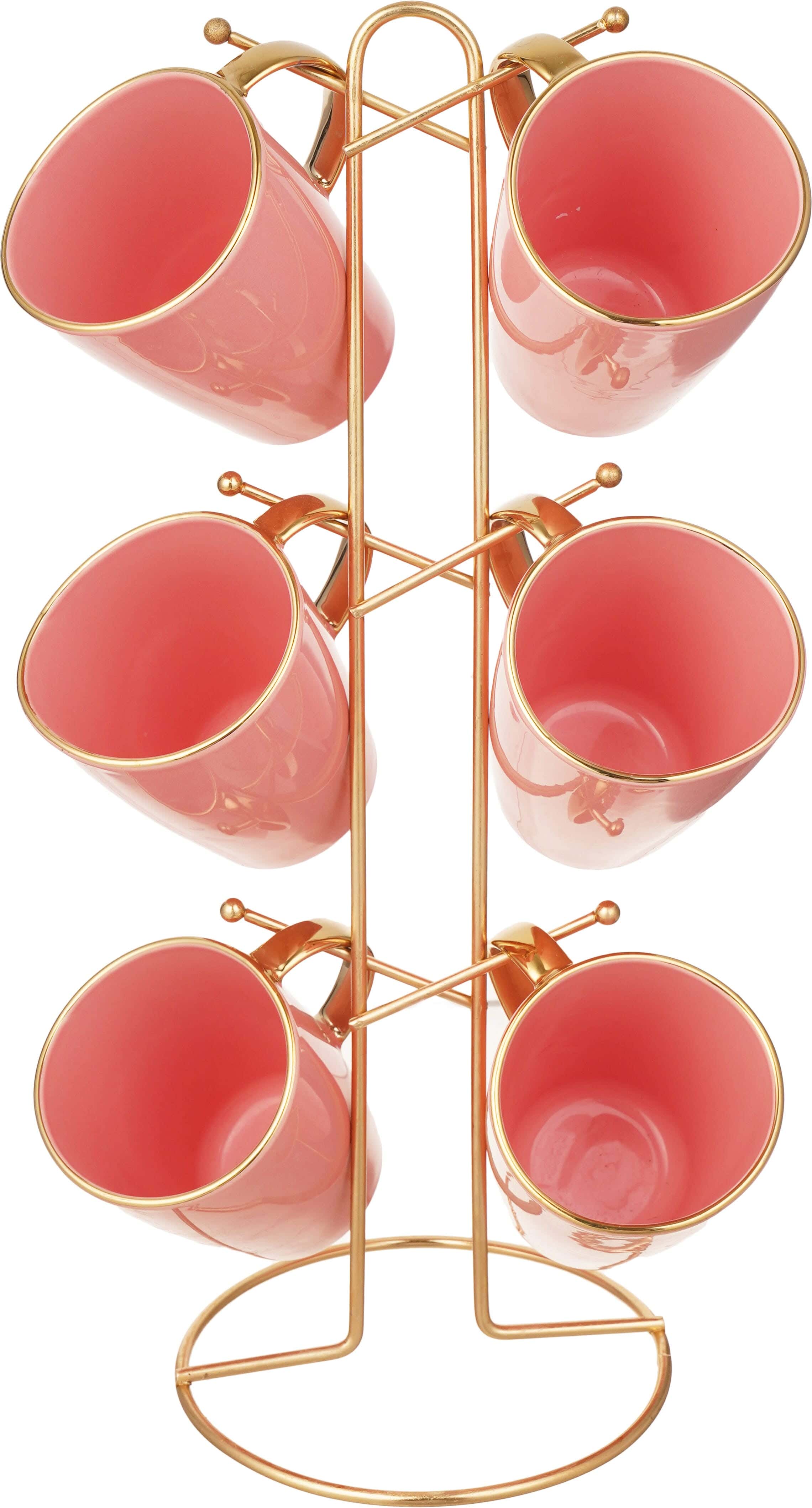 Lotus Porcelain Mug Set, 6 Pieces, 350 ml, with Stand - Pink Gold