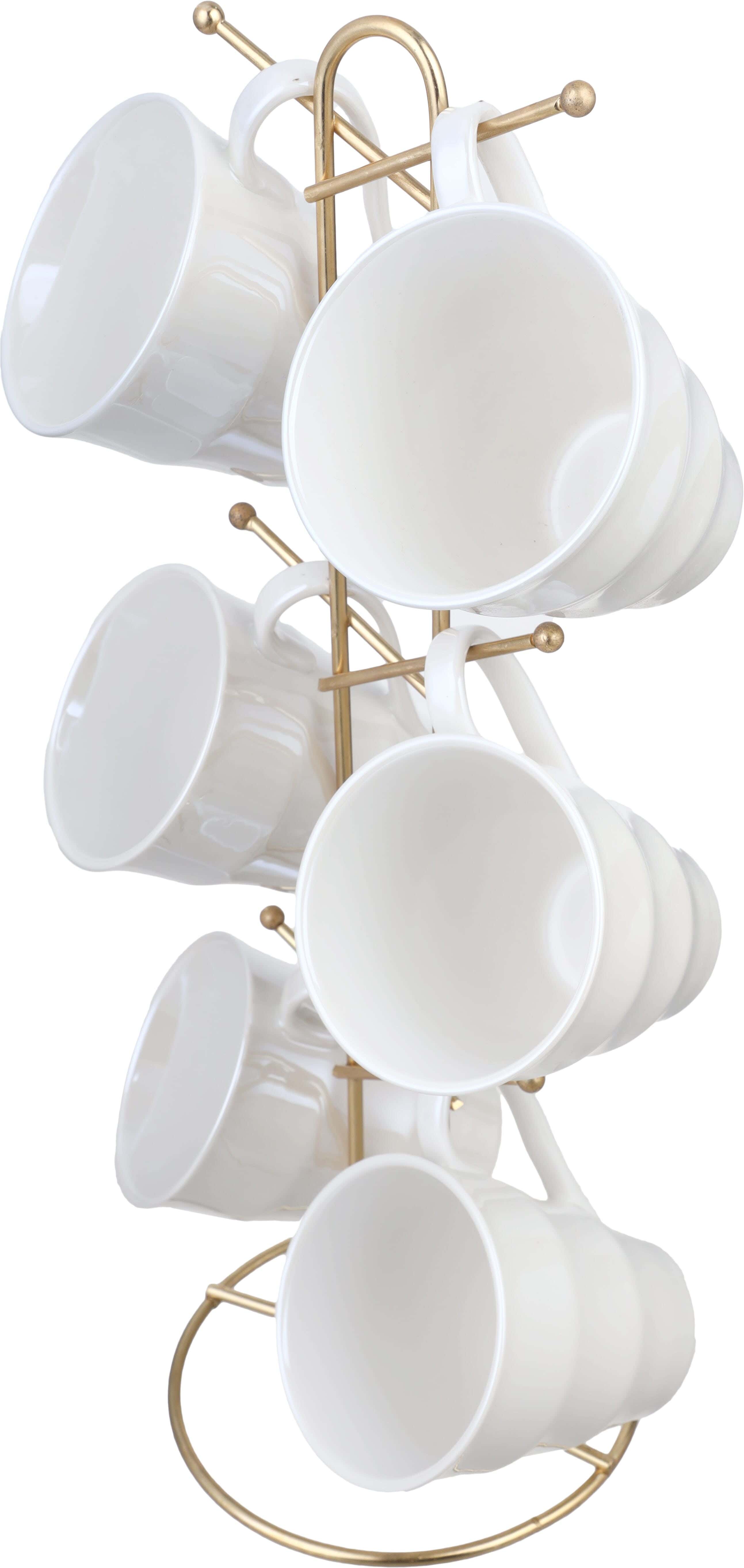 Lotus Porcelain Mug Set, 6 Pieces, 275 ml, with Stand - Off White Gold