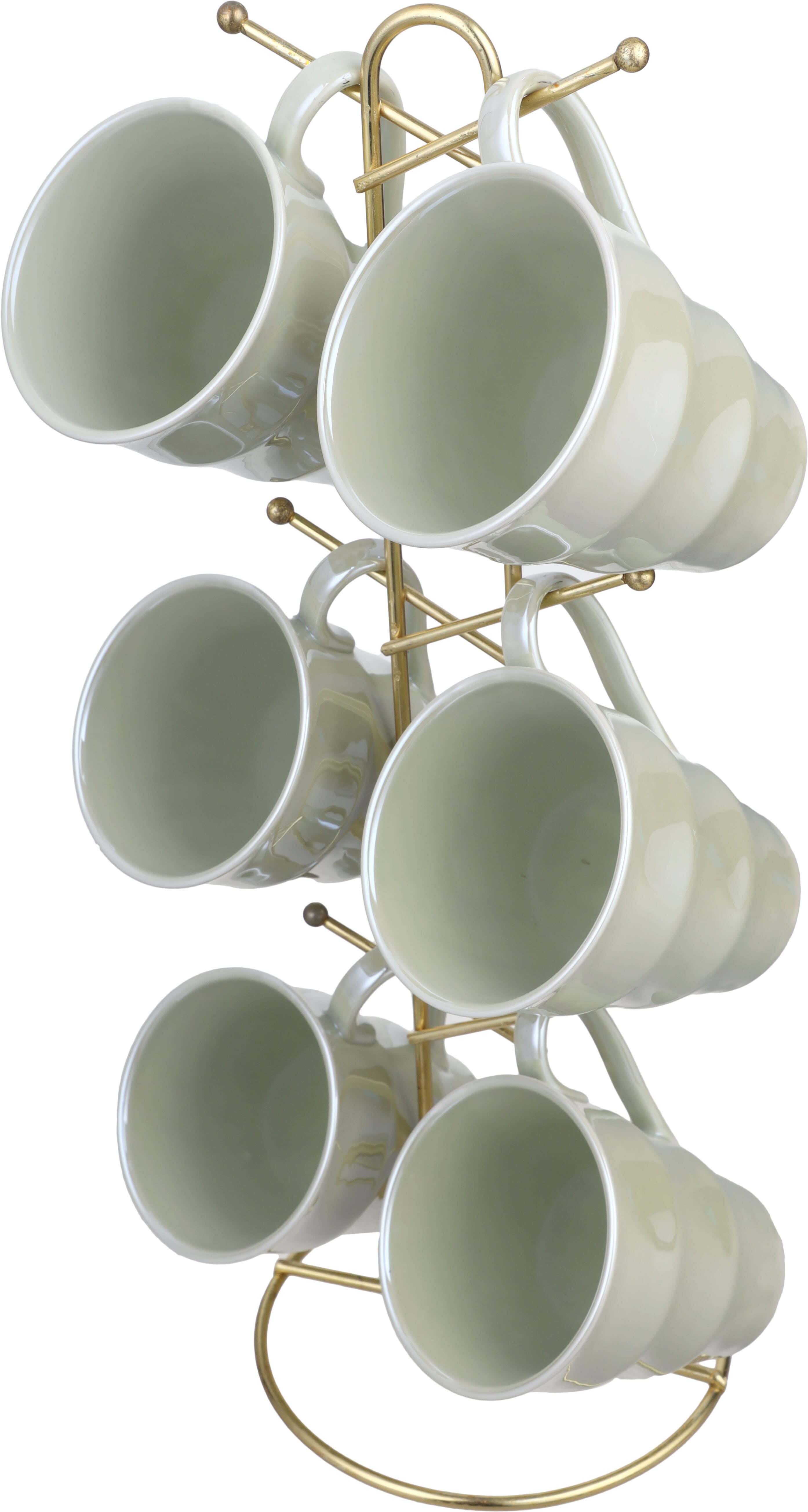 Lotus Porcelain Mug Set, 6 Pieces, 275 ml, with Stand - Olive Gold