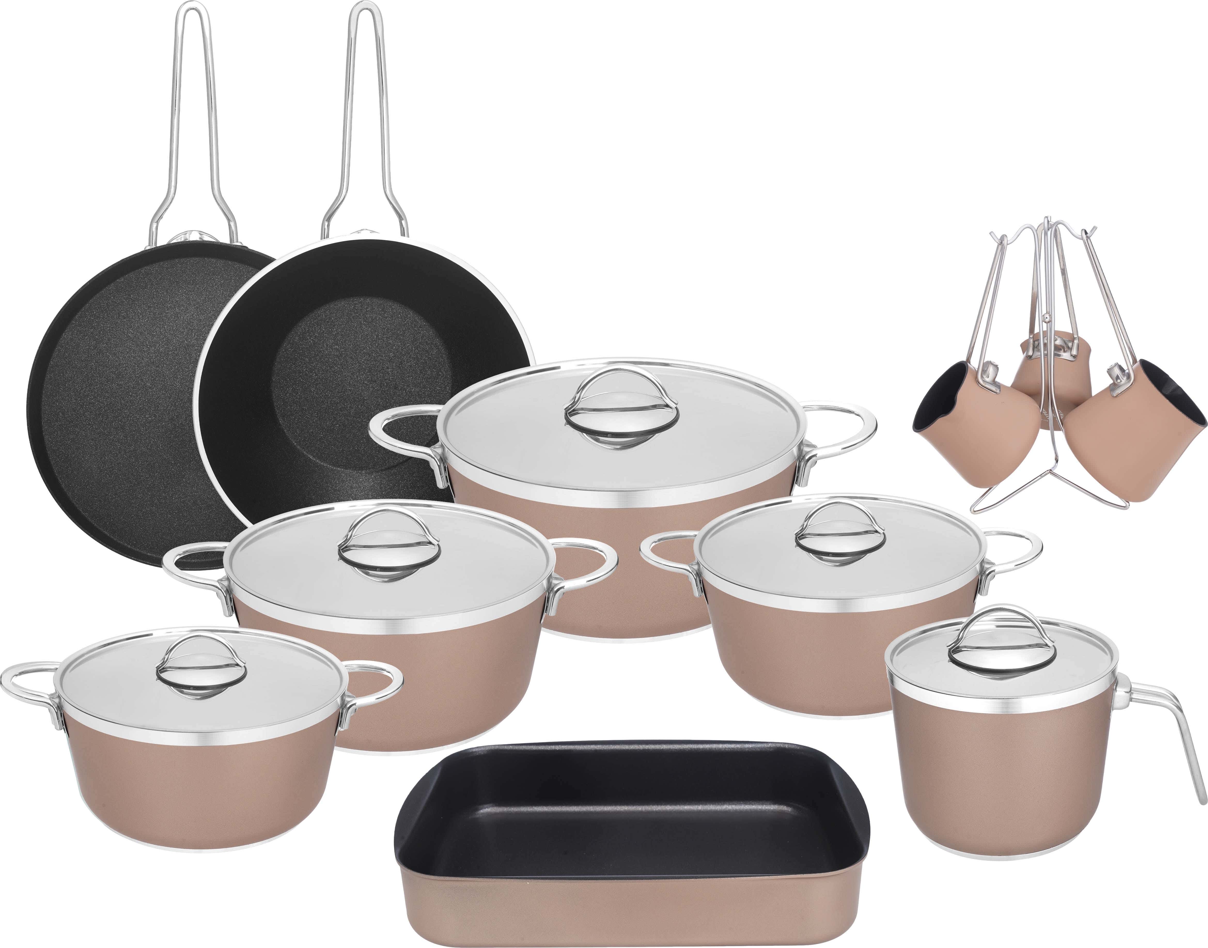 Ayperi Titanium Teflon Pots Set, 17 Pieces - Beige