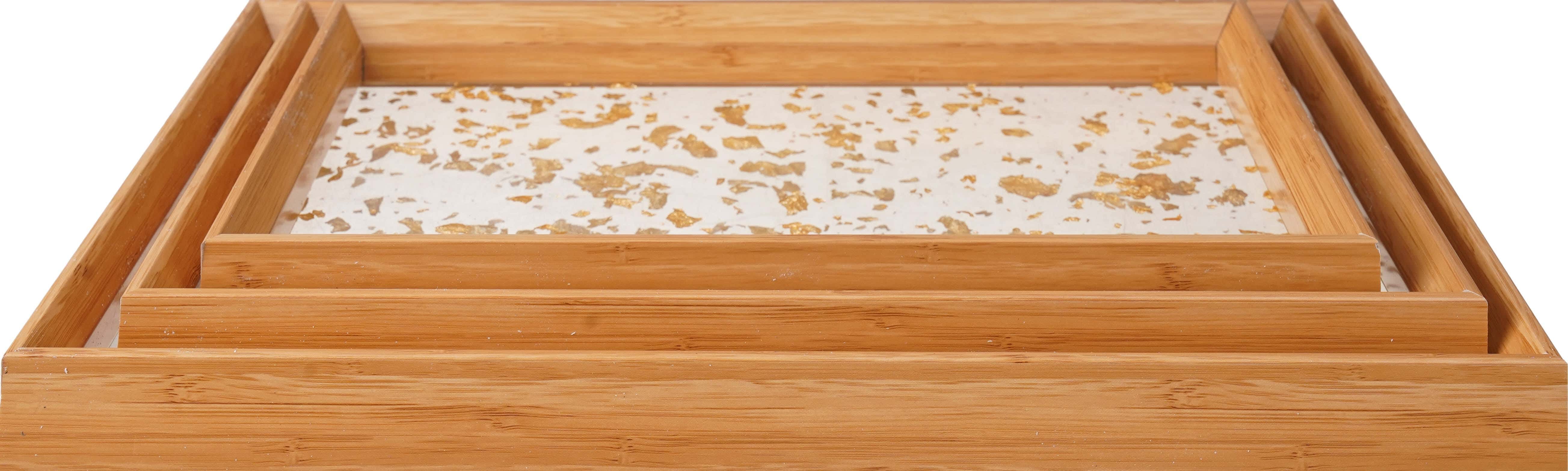 Acrylic Serving Tray Set With Wooden Frame, 3 Pieces - Wooden Gold