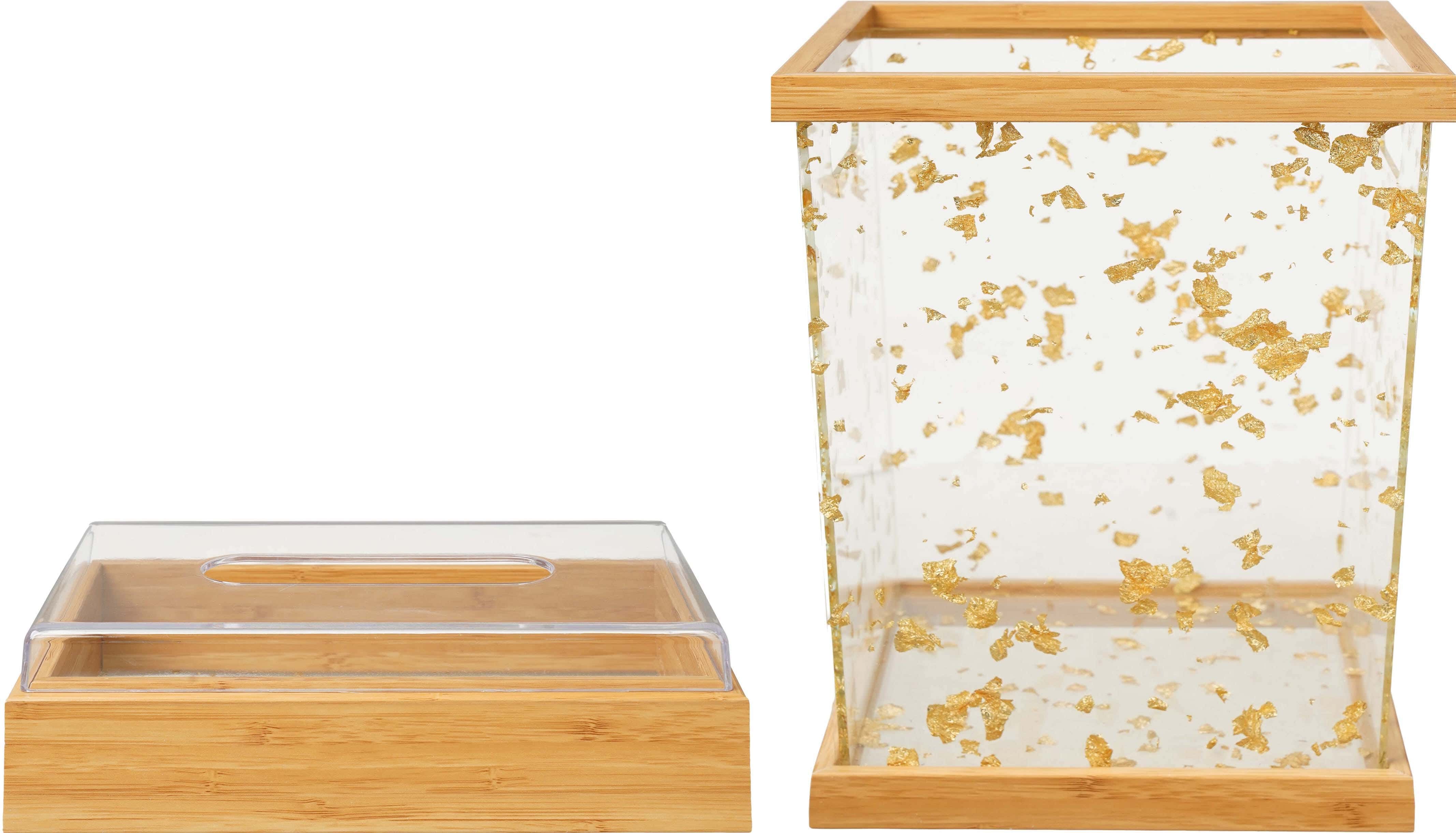Acrylic basket and tissue box set with wooden frame, 2 pieces - Wooden gold
