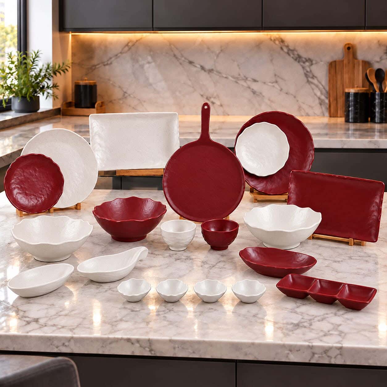 Almohandes Melamine Dinner Set, 40 Pieces - Dark Red White