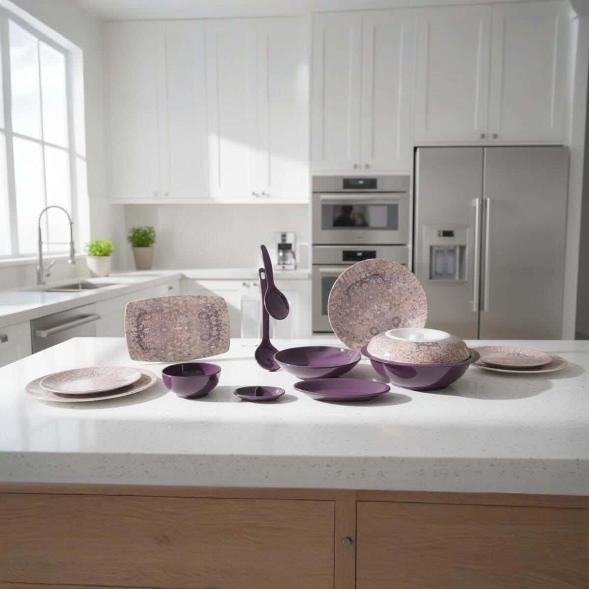 Almohandes Melamine Dinner Set, 38 Pieces - Beige Purple