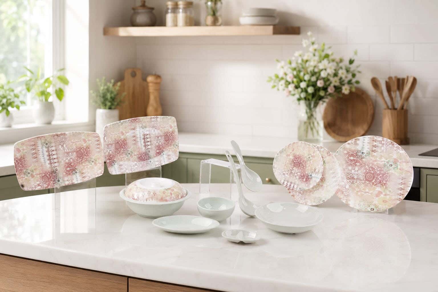 Almohandes Melamine Dinner Set, 38 Pieces - Beige Green