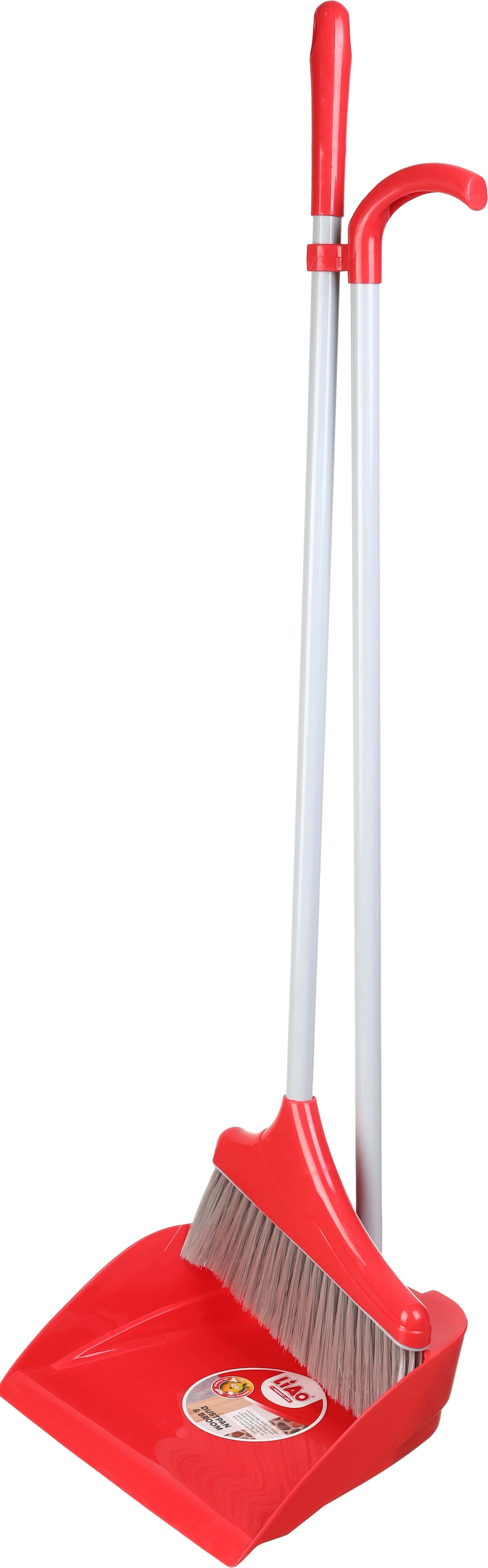 Liao Plastic Floor Broom and Dustpan Set, 75×26 cm, 2 Metal Handles – Red Grey