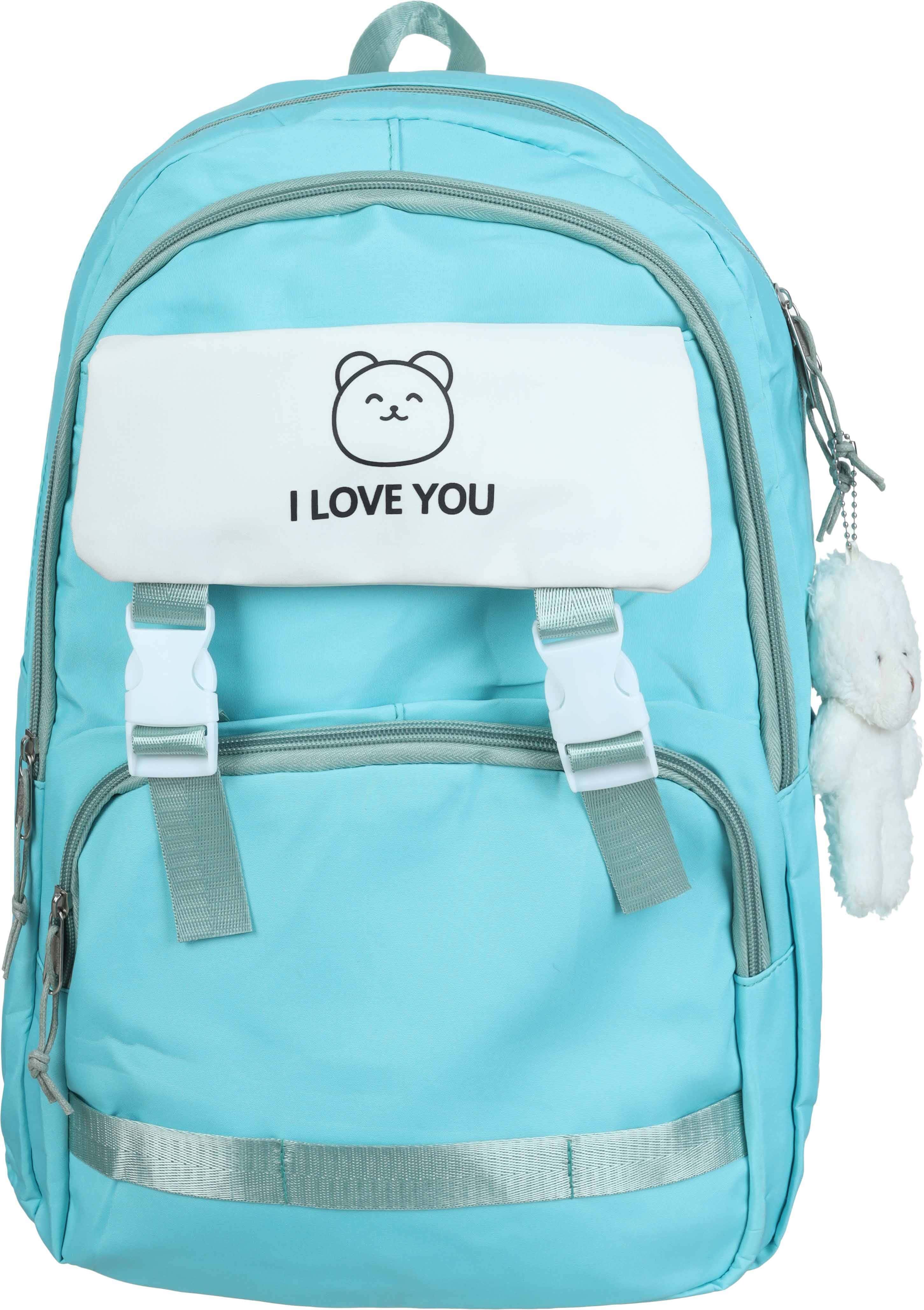 Waterproof school backpack for girls, 17 inches, 3 zippers, with teddy bear keychain - Turquoise