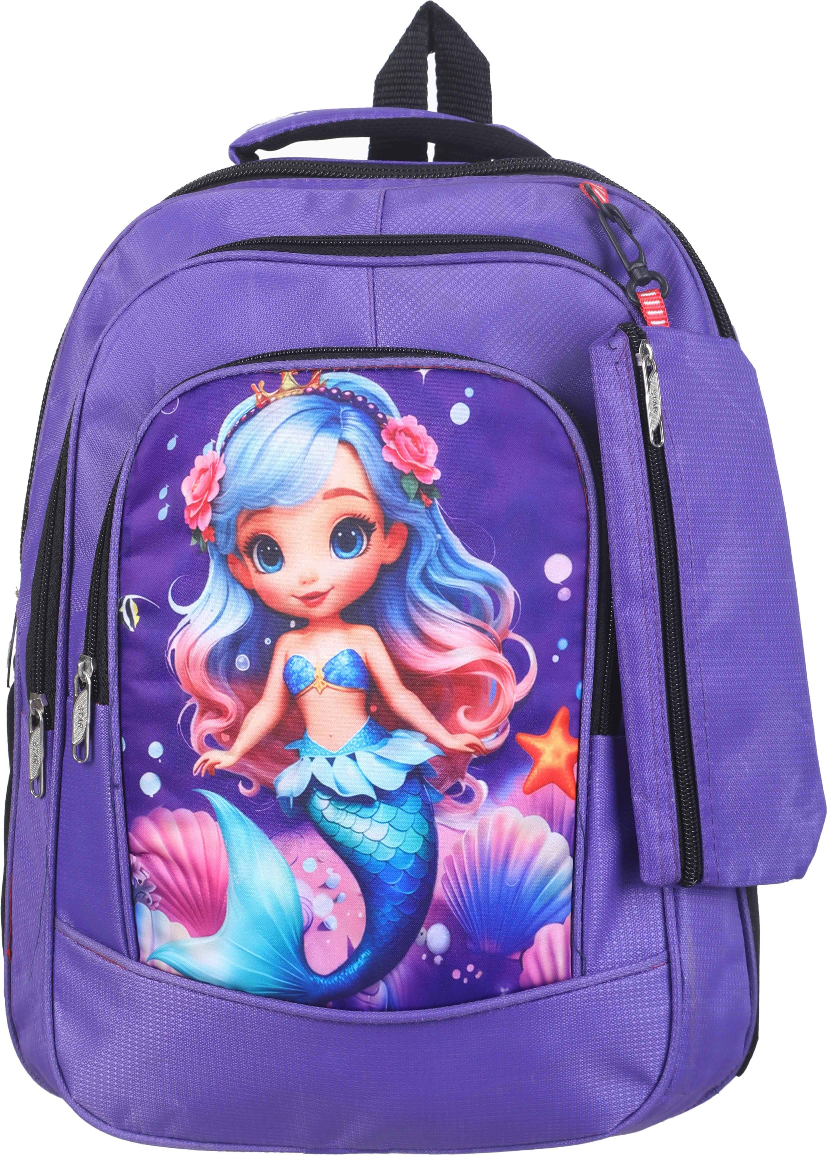 Star School Backpack for Girls, 3 Zippers, 14 inches, with Small Pencil Case - Multicolor