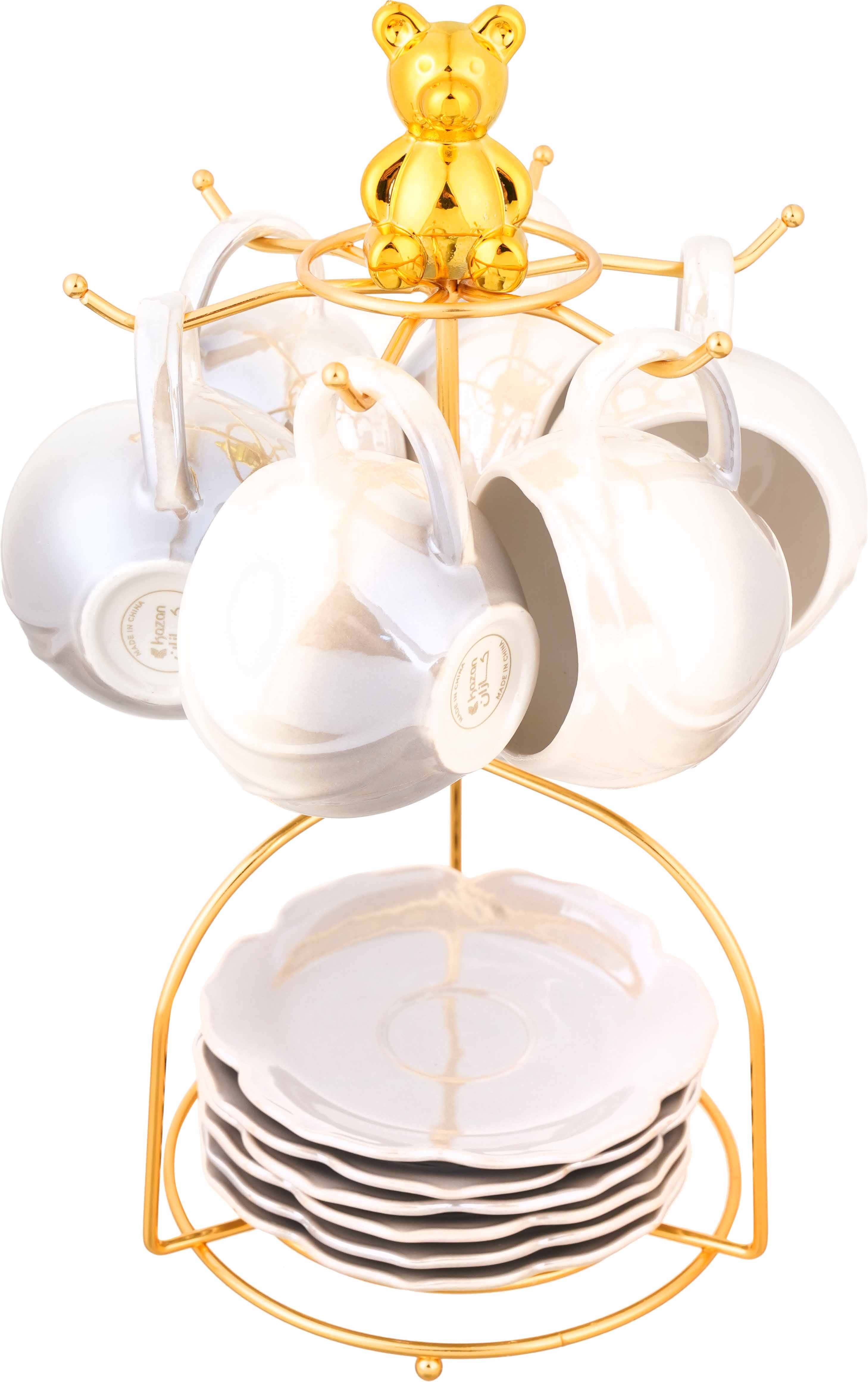 Kazan Porcelain Coffee Cup and Saucer Set, 12 Pieces, 120 ml, with Metal Stand - Grey White
