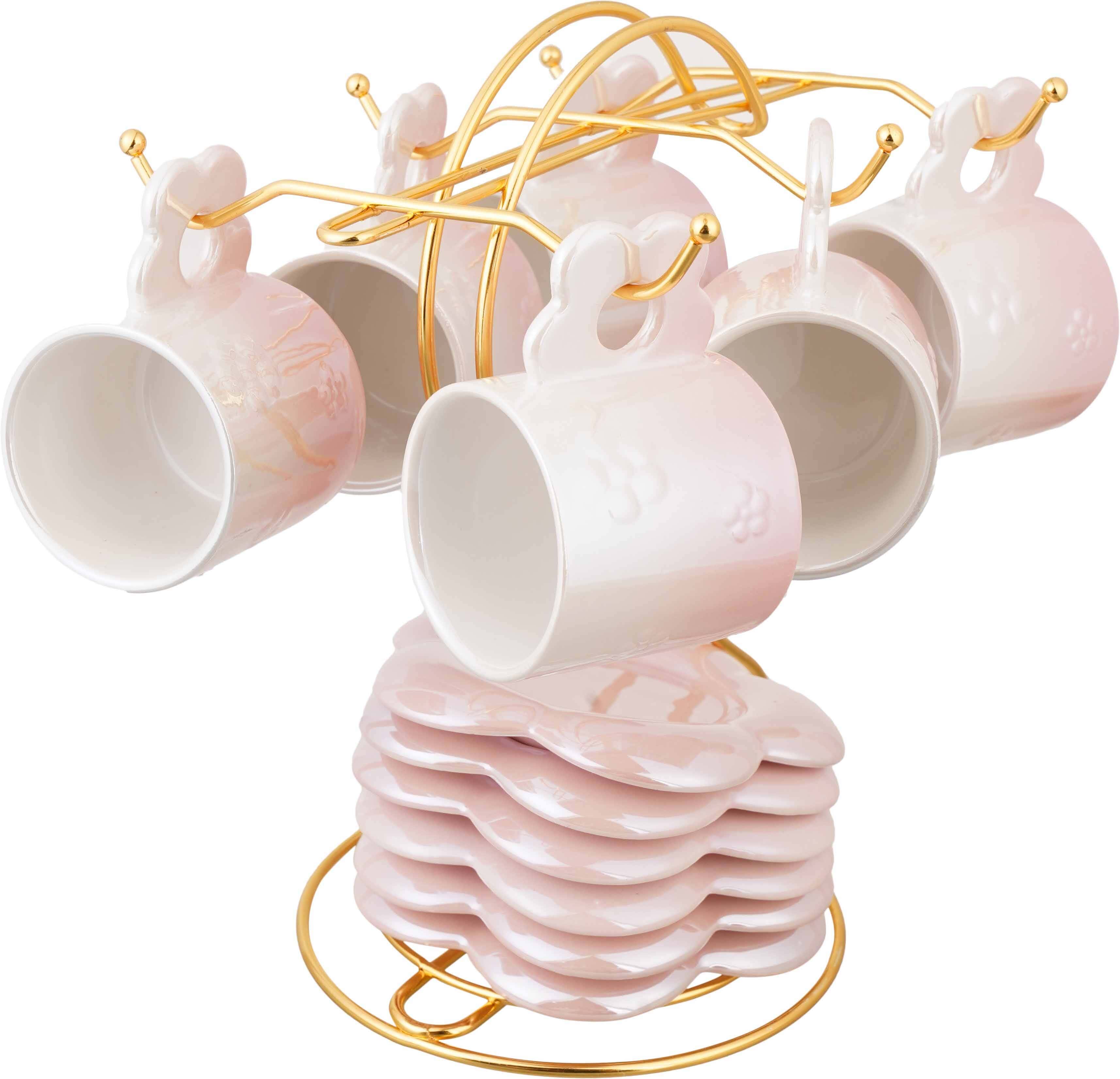 Kazan Porcelain Coffee Cup and Saucer Set, 12 Pieces, 120 ml, with Metal Stand - Pink White