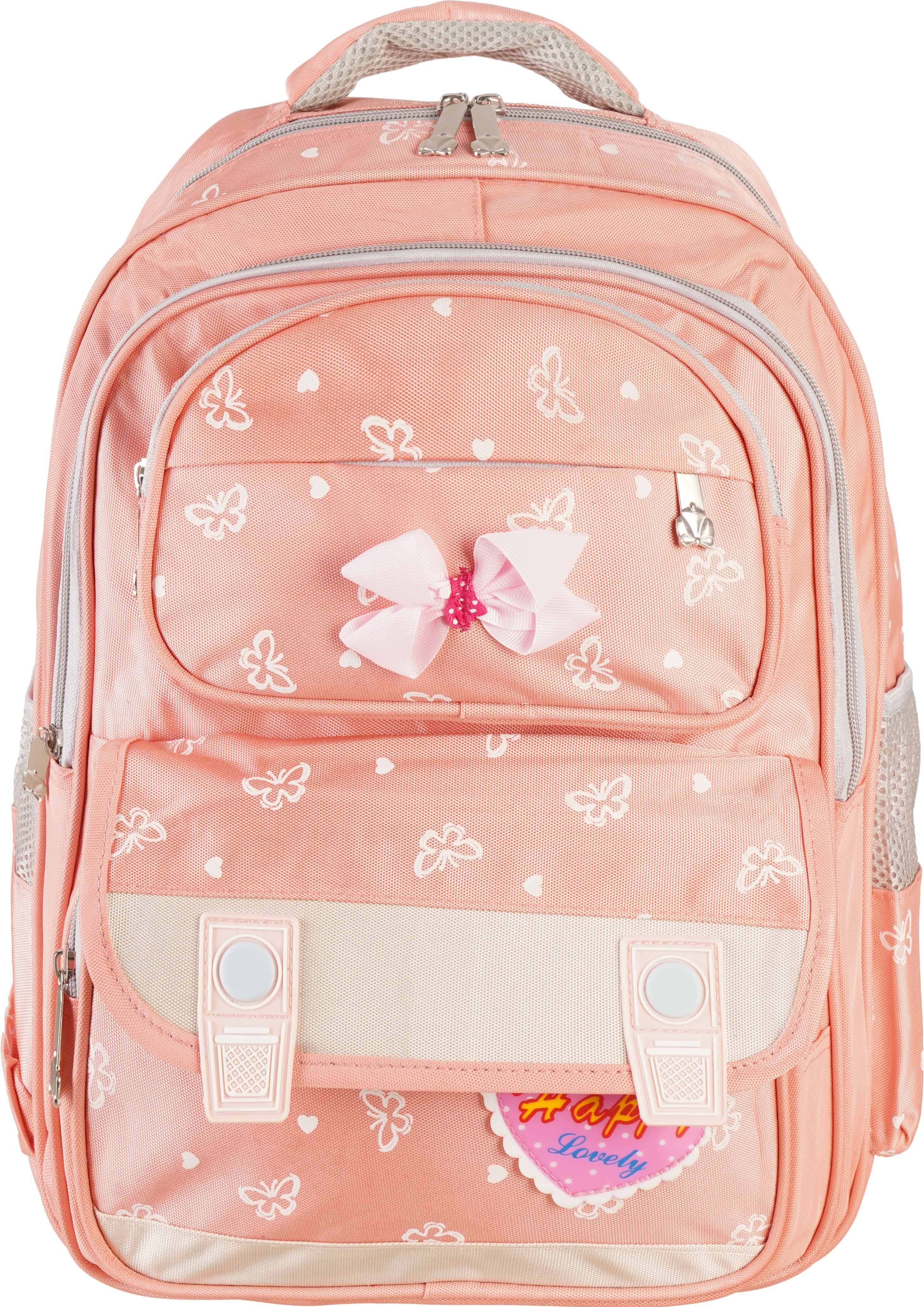 Fabric School Bag For Girls, 16 Inch, 4 Zippers - Rose