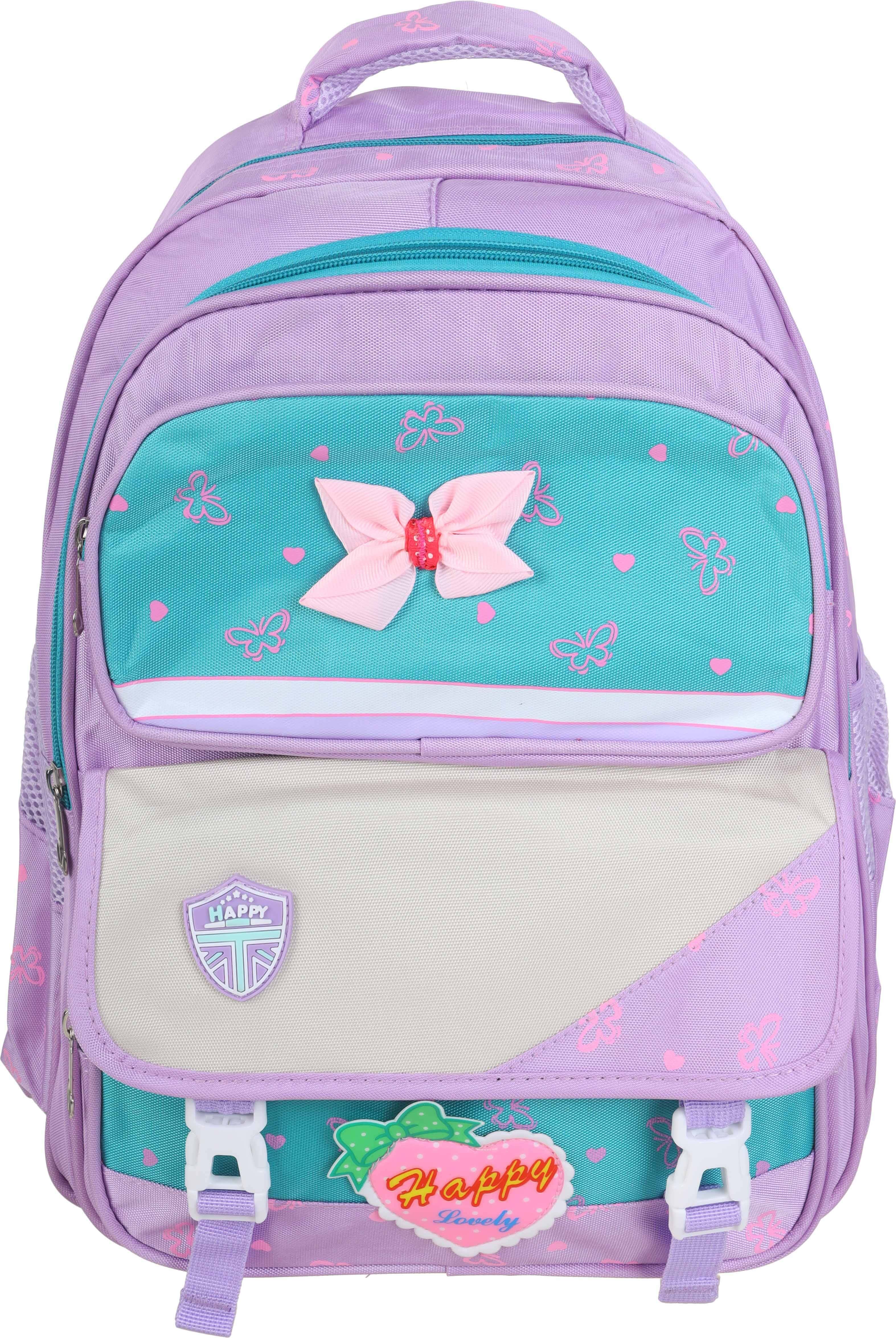 Fabric school backpack for girls, strawberry design, 4 zippers, 16 inches - Multicolor