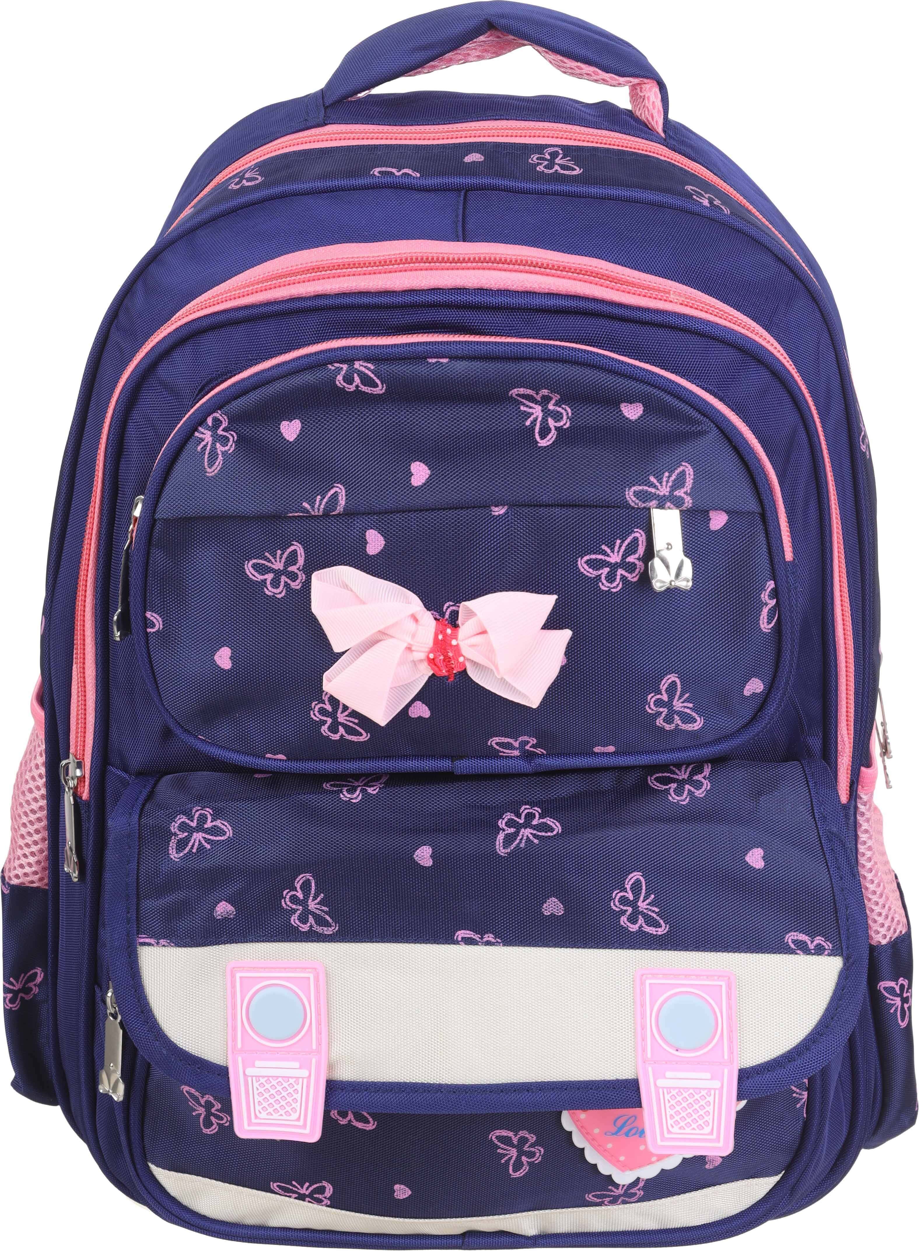 Girls' Fabric School Backpack, Strawberry Design, 4 Zippers, 16 inches - Navy Pink