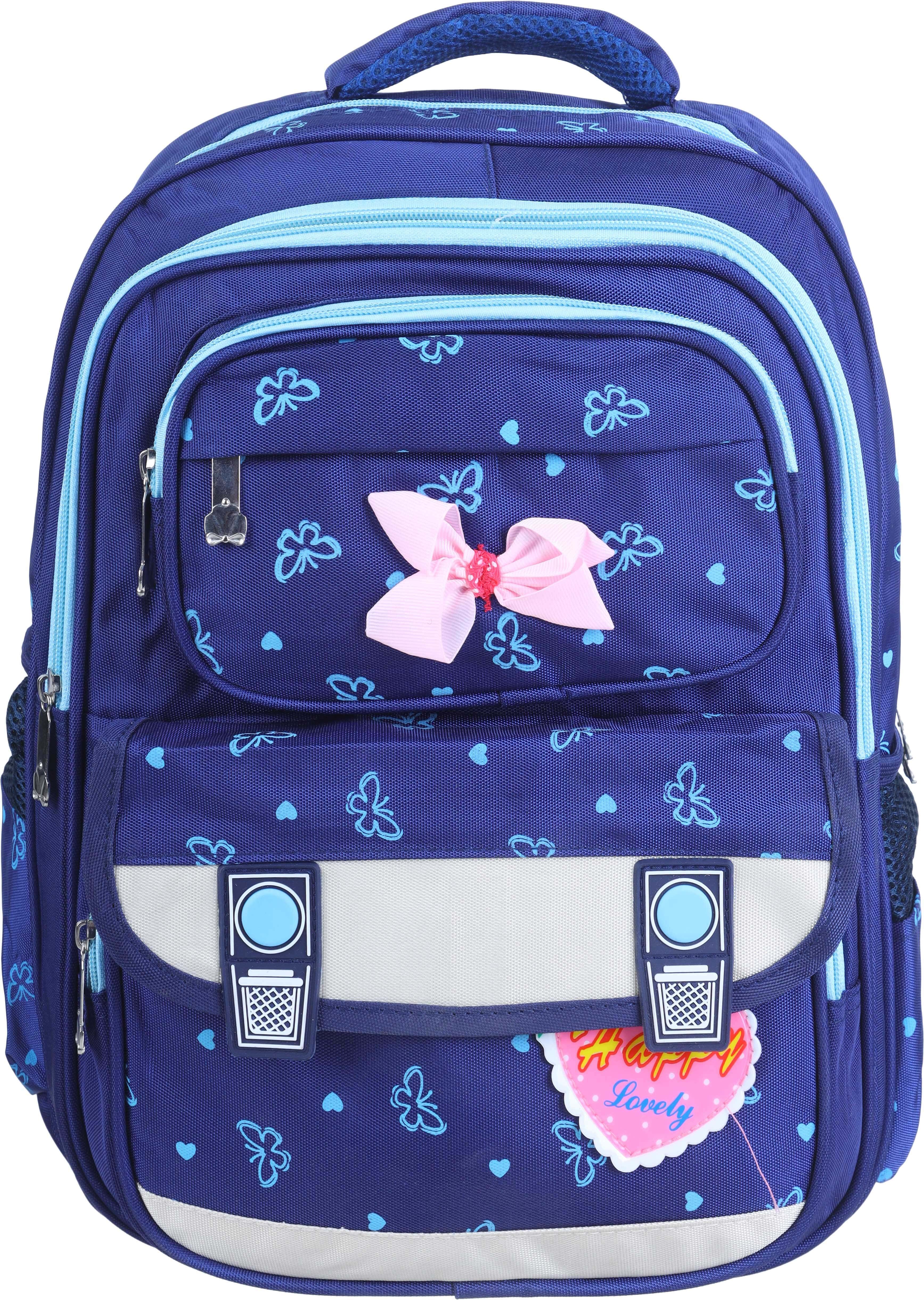 Fabric School Backpack For Girls, Strawberry Design, 4 Zippers, 16 Inches - Navy Light Blue
