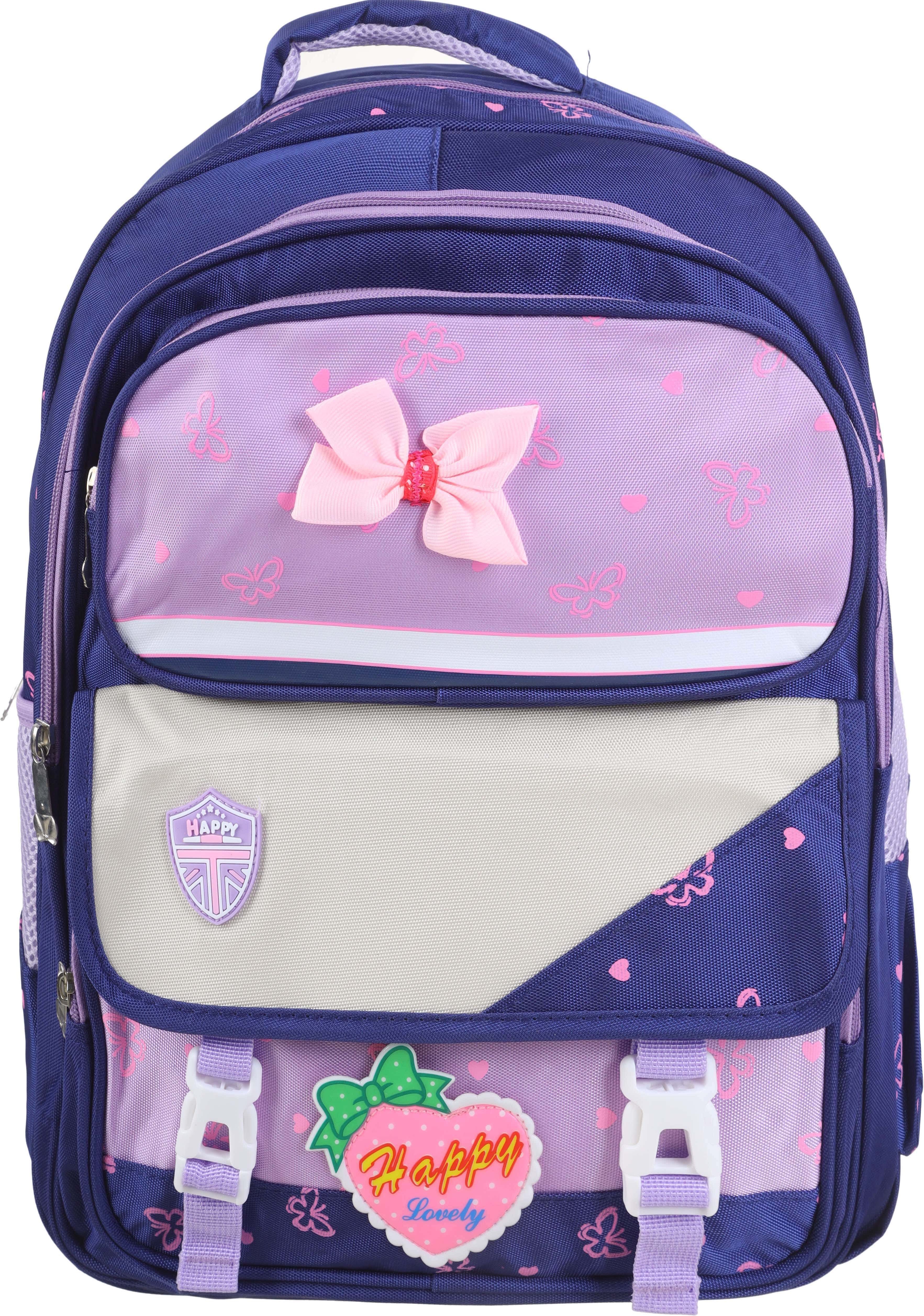 Fabric School Backpack For Girls, Strawberry Design, 4 Zippers, 16 Inches - Navy Mauve