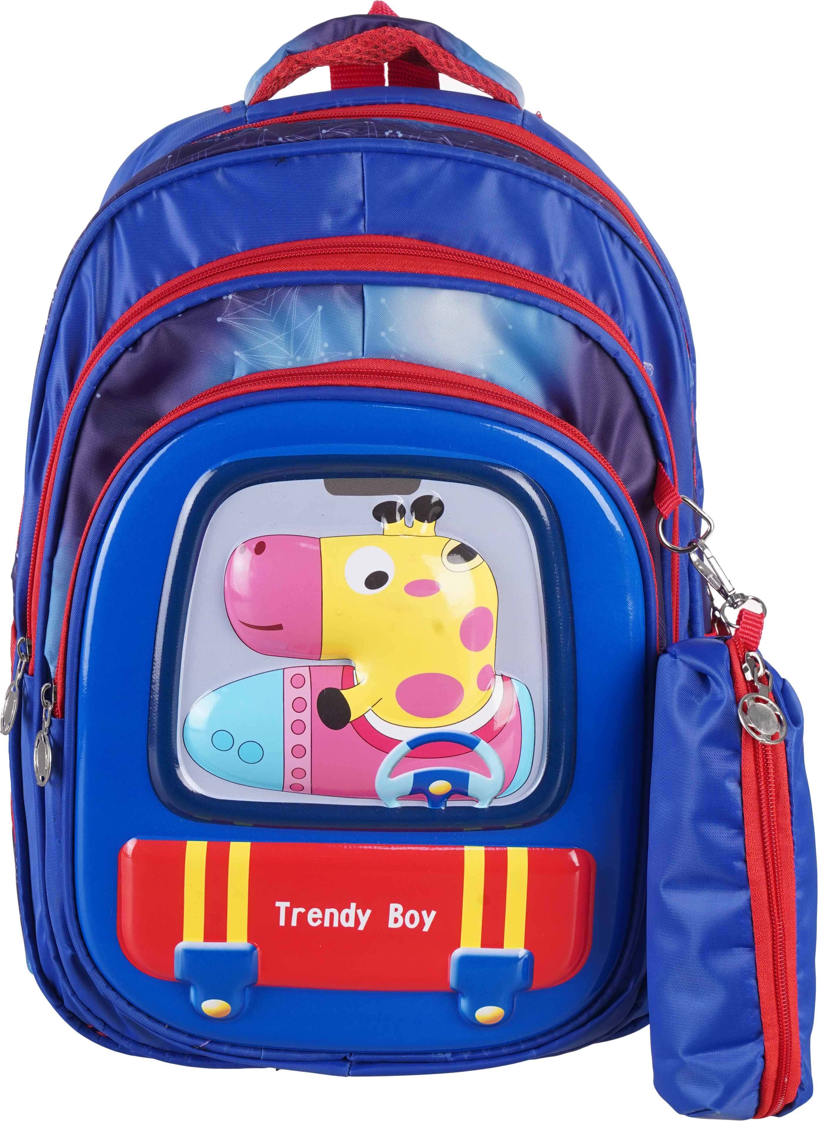 Microfiber 3D School Backpack for Boys, 3 Zippers, 15 inches, Plus Small Pencil Case - Blue Red