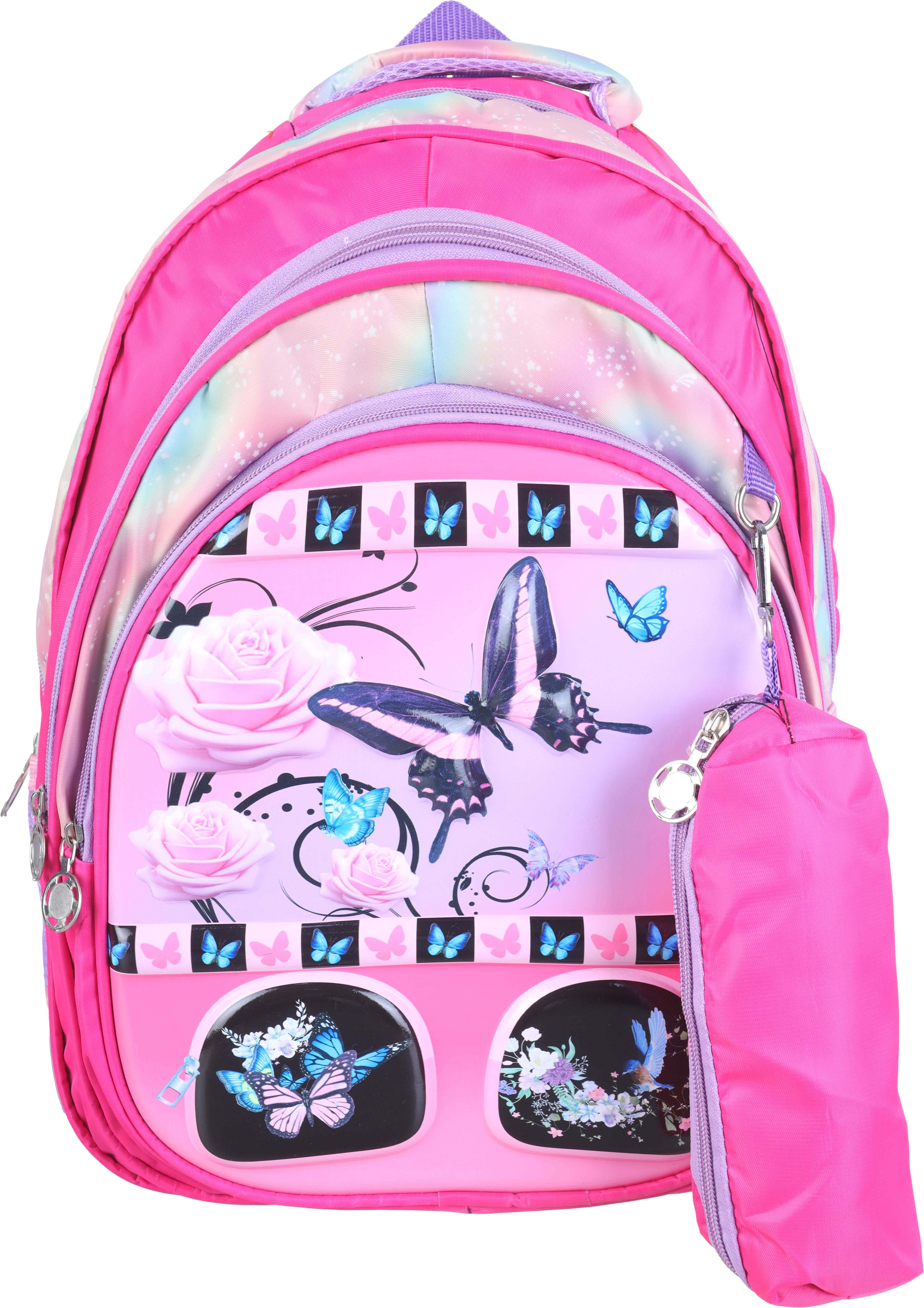 Microfiber 3D School Backpack for Girls, 3 Zippers, 15 inches, Plus Small Pencil Case - Pink