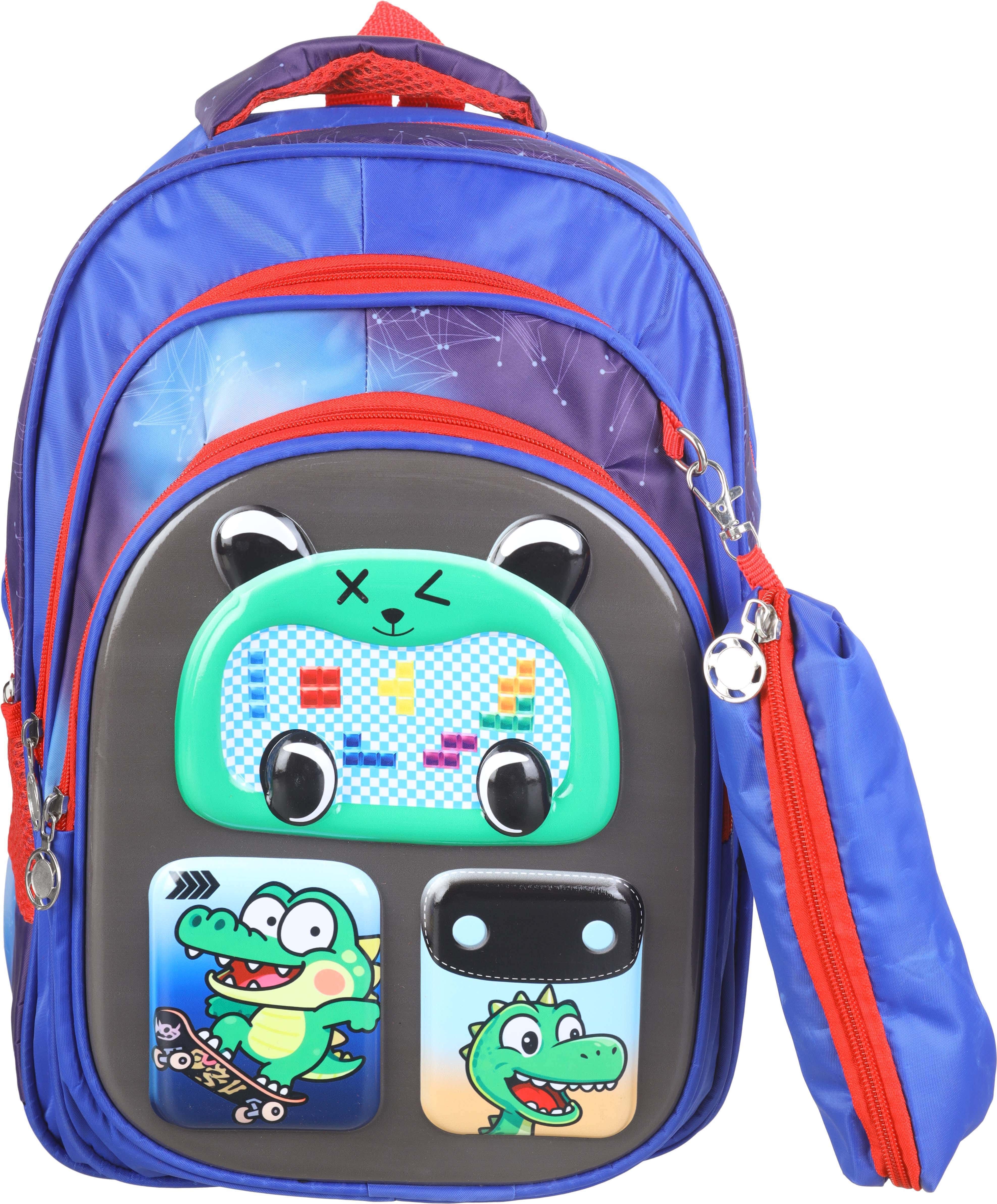 Microfiber 3D School Backpack for Boys, 3 Zippers, 15 inches, Plus Small Pencil Case - Multicolor