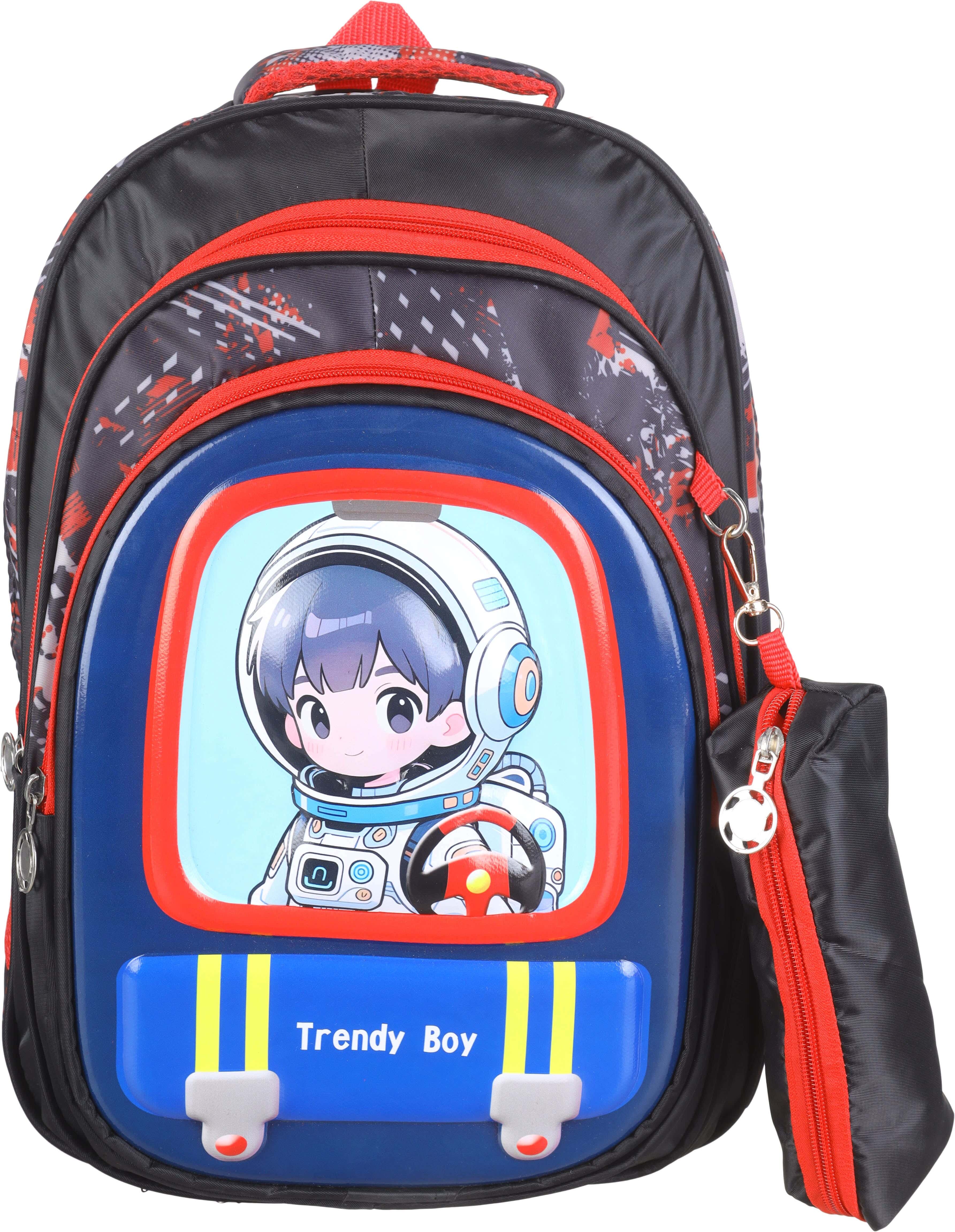 Microfiber 3D School Backpack for Boys, 3 Zippers, 15 inches, Plus Small Pencil Case - Multicolor