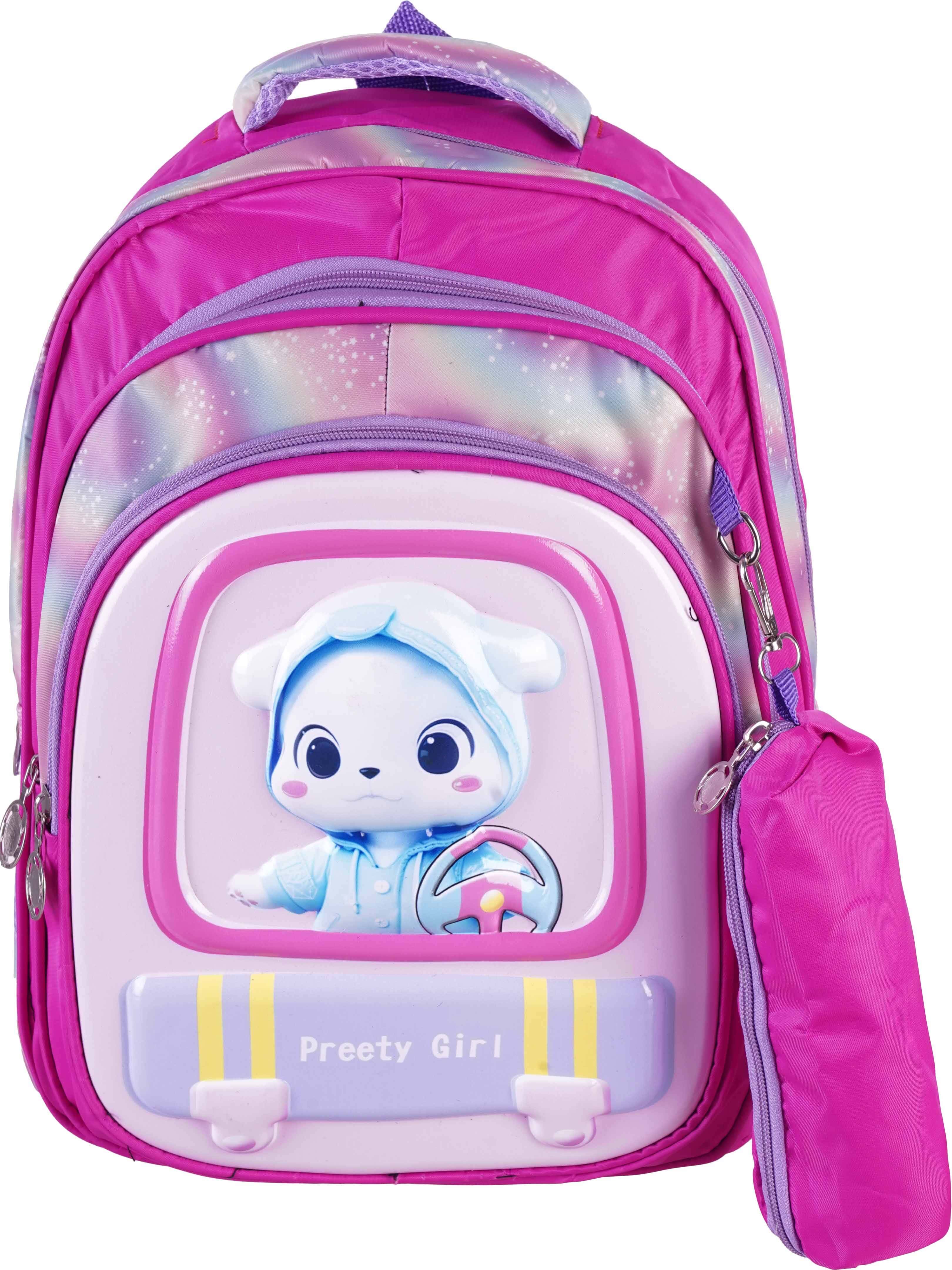 Microfiber 3D School Backpack for Girls, 3 Zippers, 15 inches, Plus Small Pencil Case - Pink