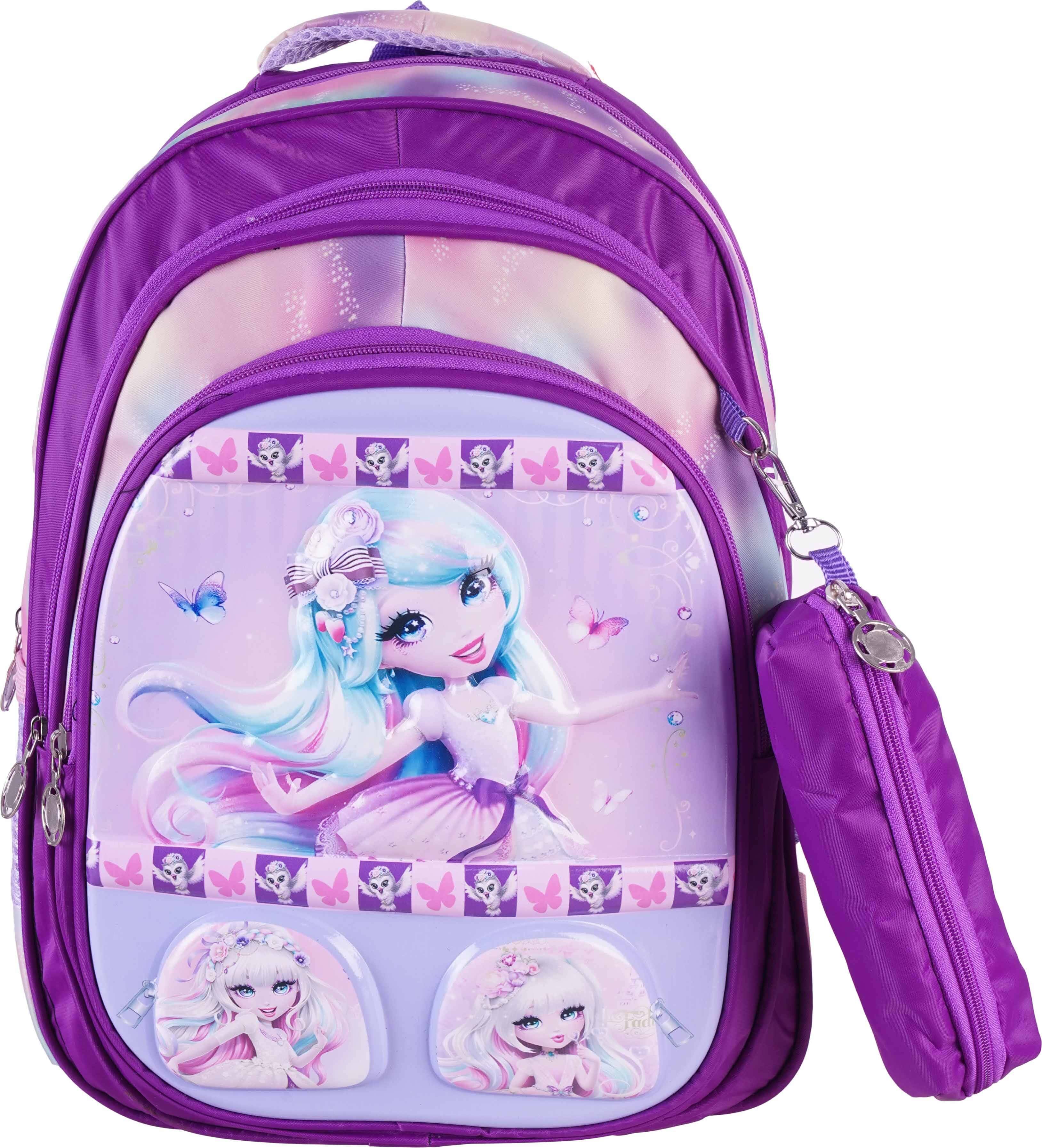 Microfiber 3D School Backpack for Girls, 3 Zippers, 15 inches, Plus Small Pencil Case - Mauve Blue