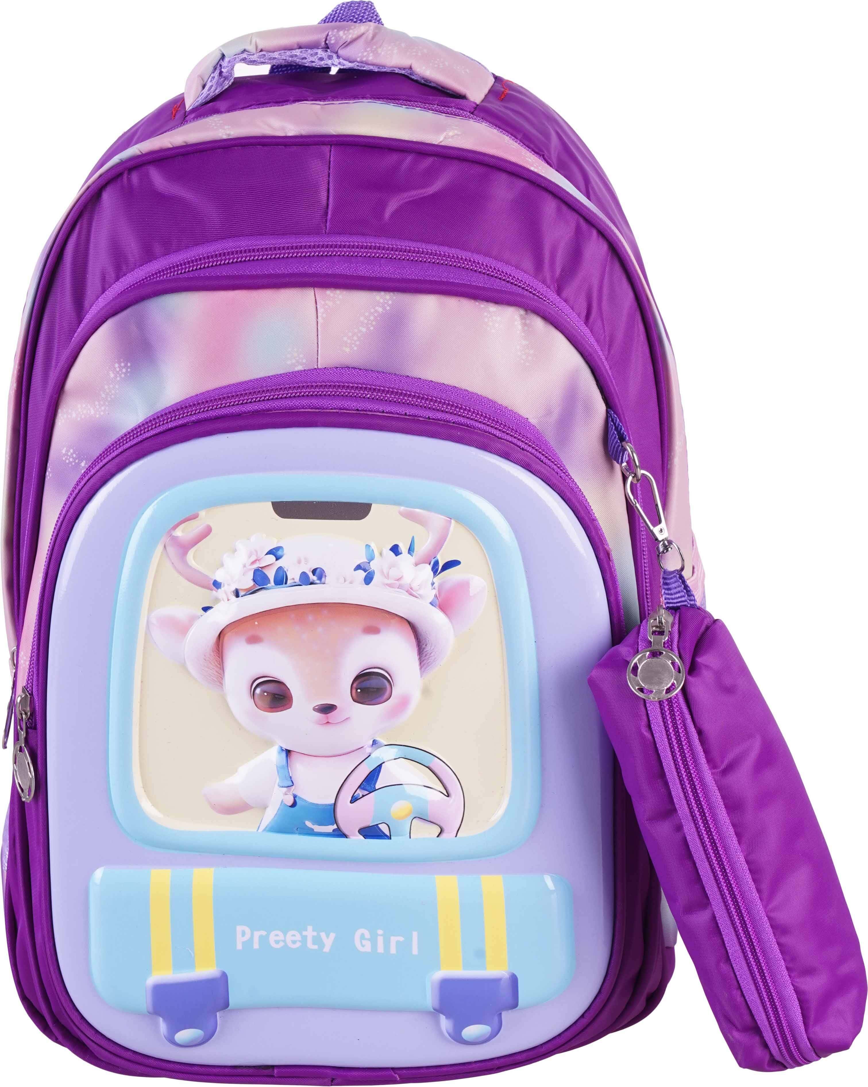 Microfiber 3D School Backpack for Girls, 3 Zippers, 15 inches, plus a small pencil case - Mauve Blue