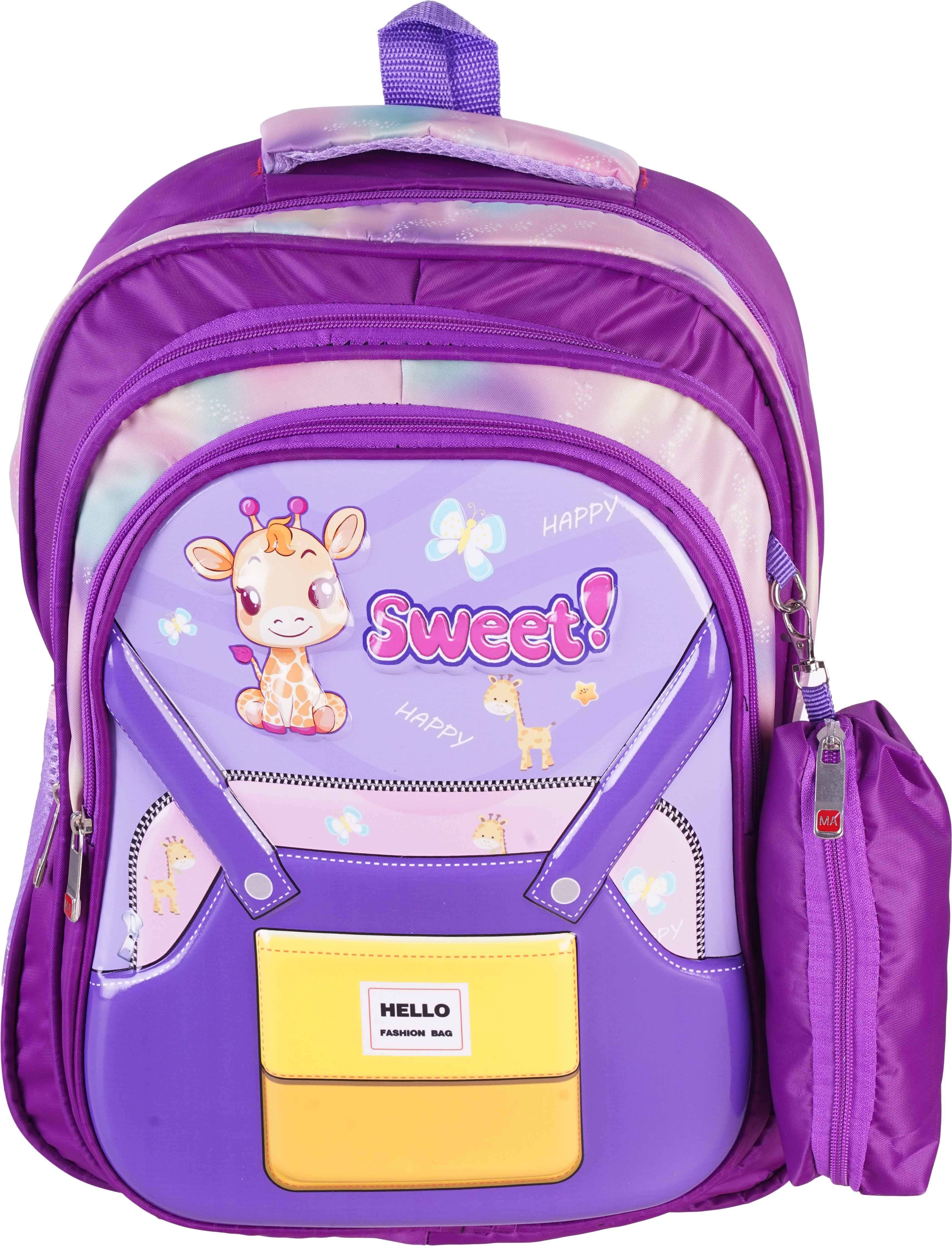 Microfiber 3D School Backpack for Girls, 3 Zippers, 17 Inch, with Pencil Case - Multicolor