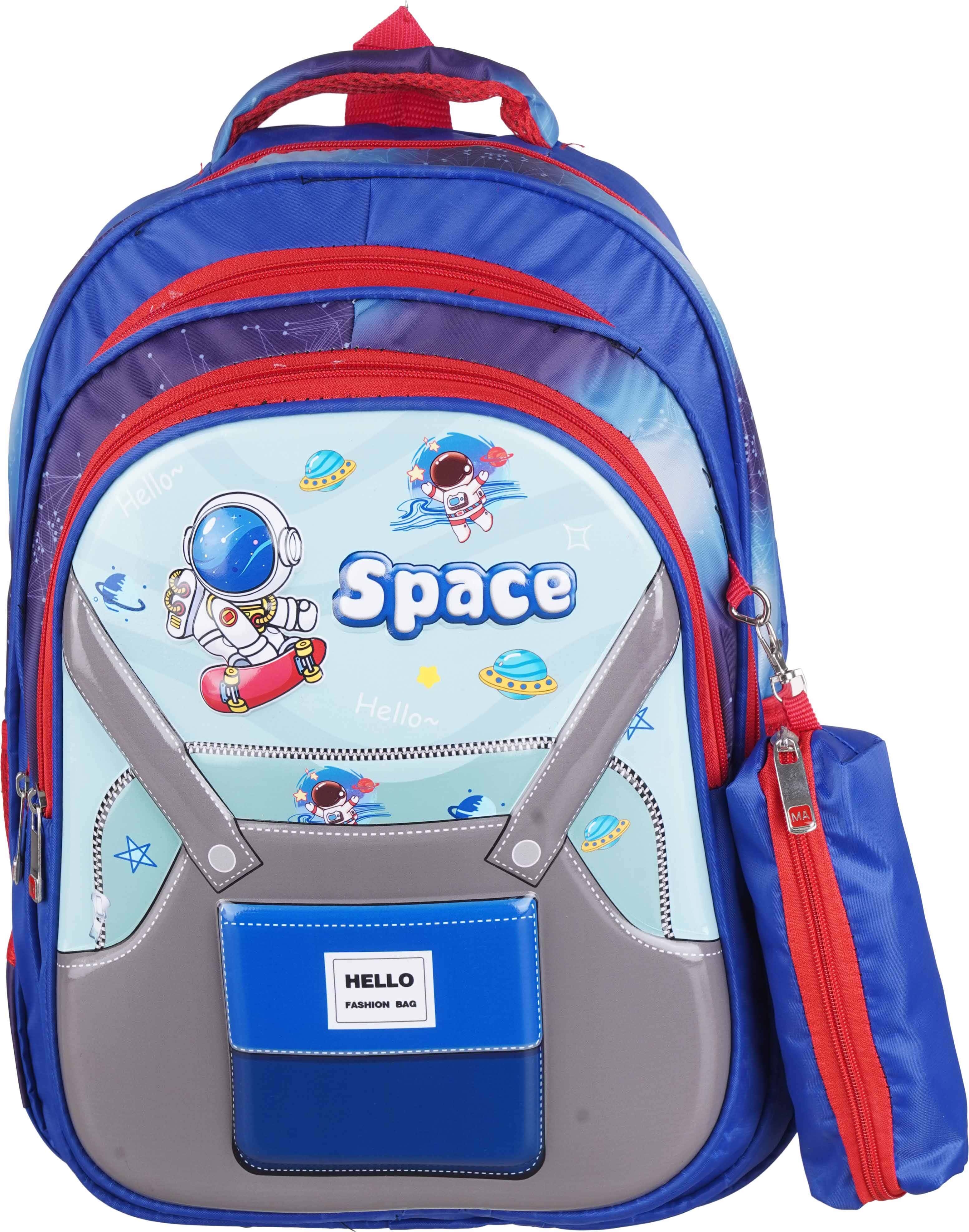 Microfiber 3D School Backpack for Boys, 3 Zippers, 17 Inch, with Pencil Case - Multicolor