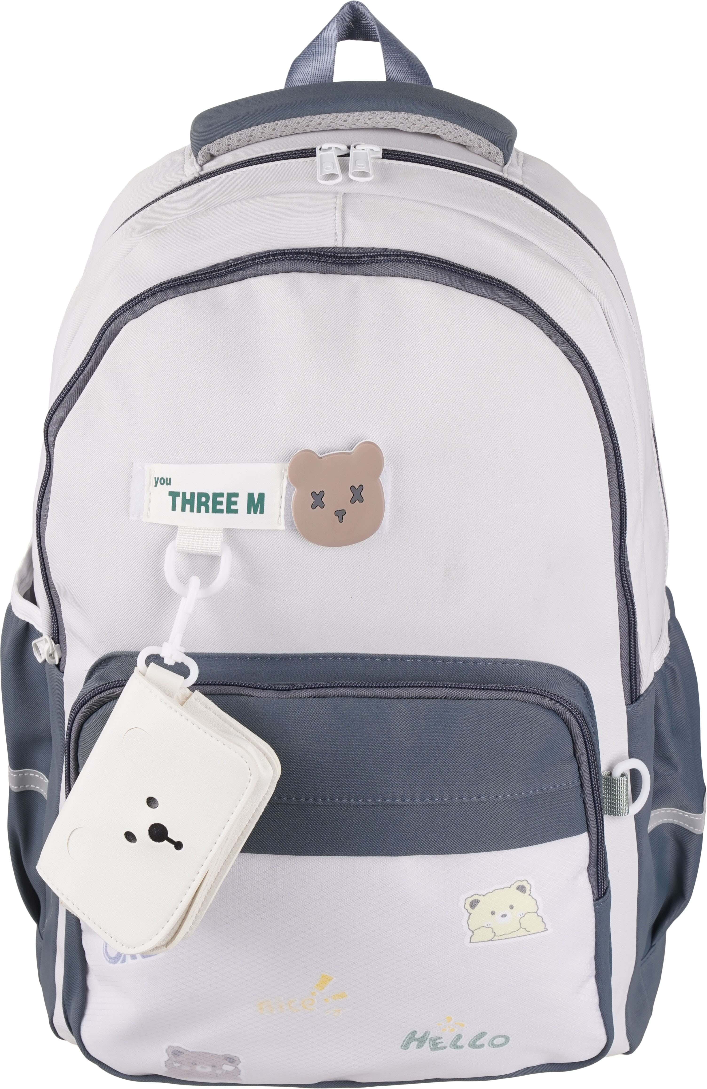 Three M Waterproof School Backpack For Girls, 19 inches, 3 zippers, with Wallet - Grey
