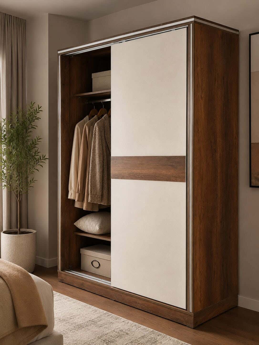 MDF Wood Wardrobe, 2 Sliding Doors, 5 Shelves, Clothes Hanger Rail, 160×210×60 cm – Brown Beige