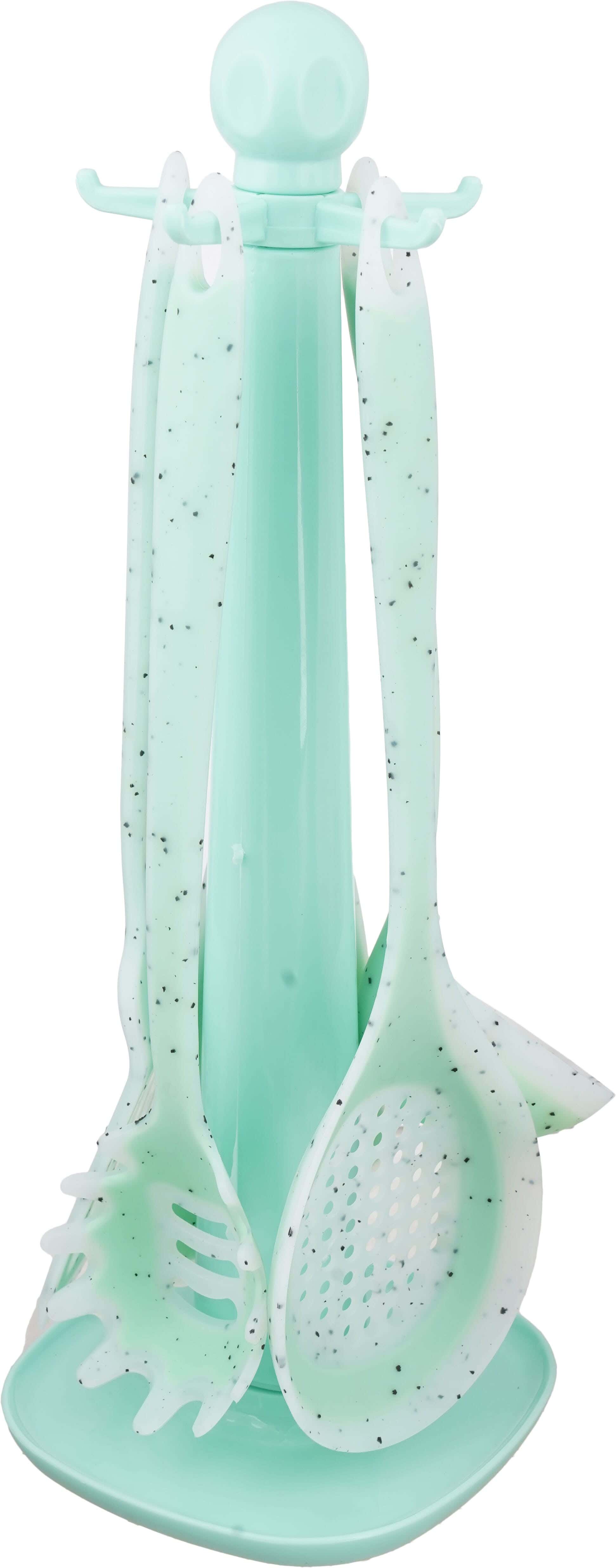 Silicone serving set, 5 pieces, with plastic stand - Turquoise