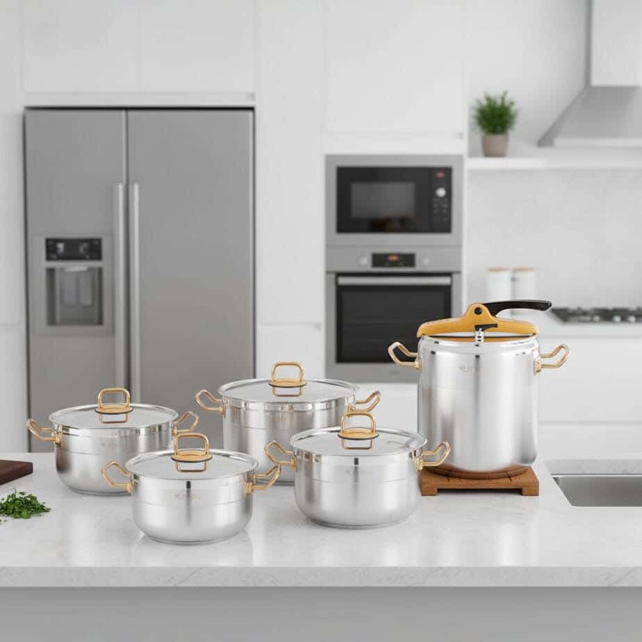 Lines Stainless Steel Cookware Set, 10 Pieces - Silver Gold