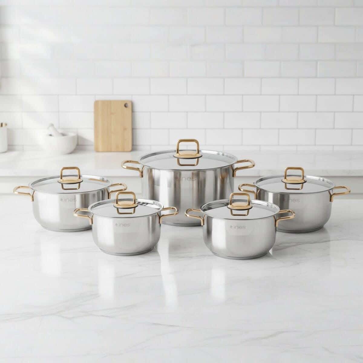 Lines Stainless Steel Pot Set, 10 Pieces - Silver Gold