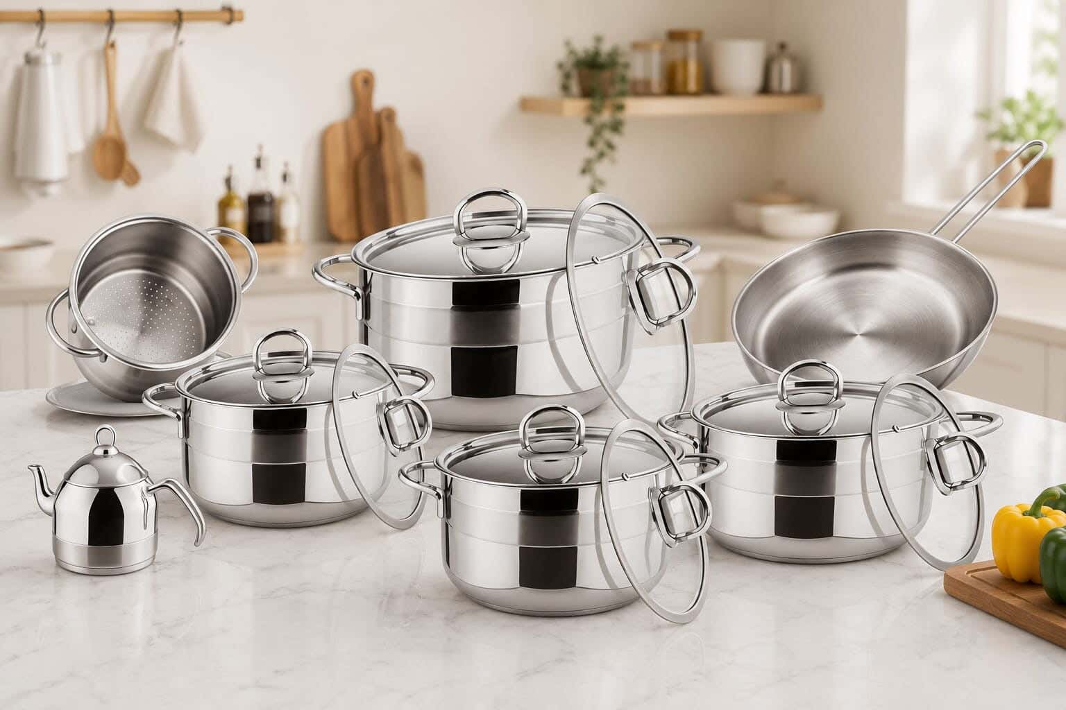 Lines Stainless Steel Cookware Set, 16 Pieces - Silver