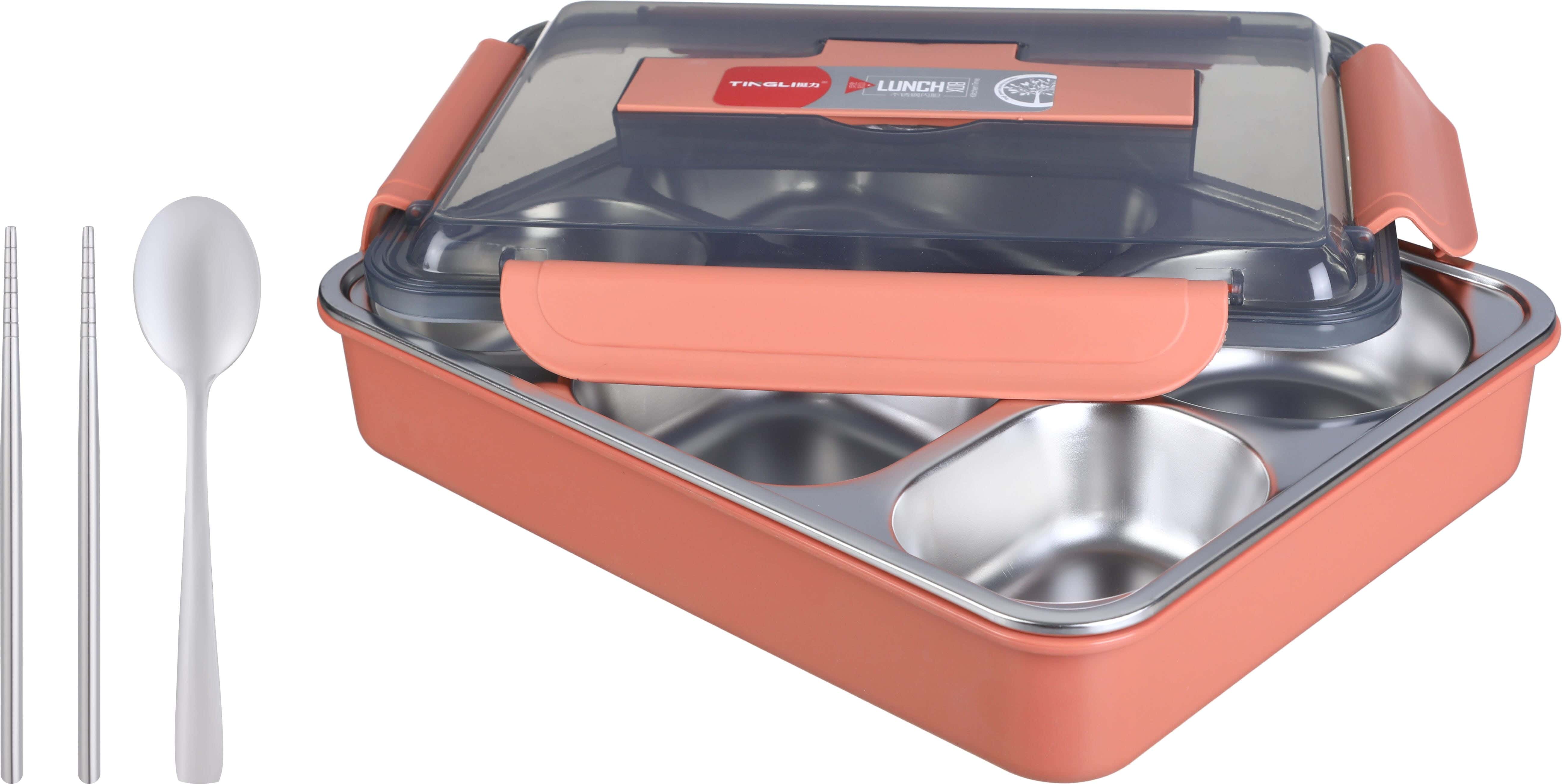 Plastic Lunch Box with Stainless Steel core, 5 Eyes, Clip Lid, with spoon, 21×15 cm - Cashmere