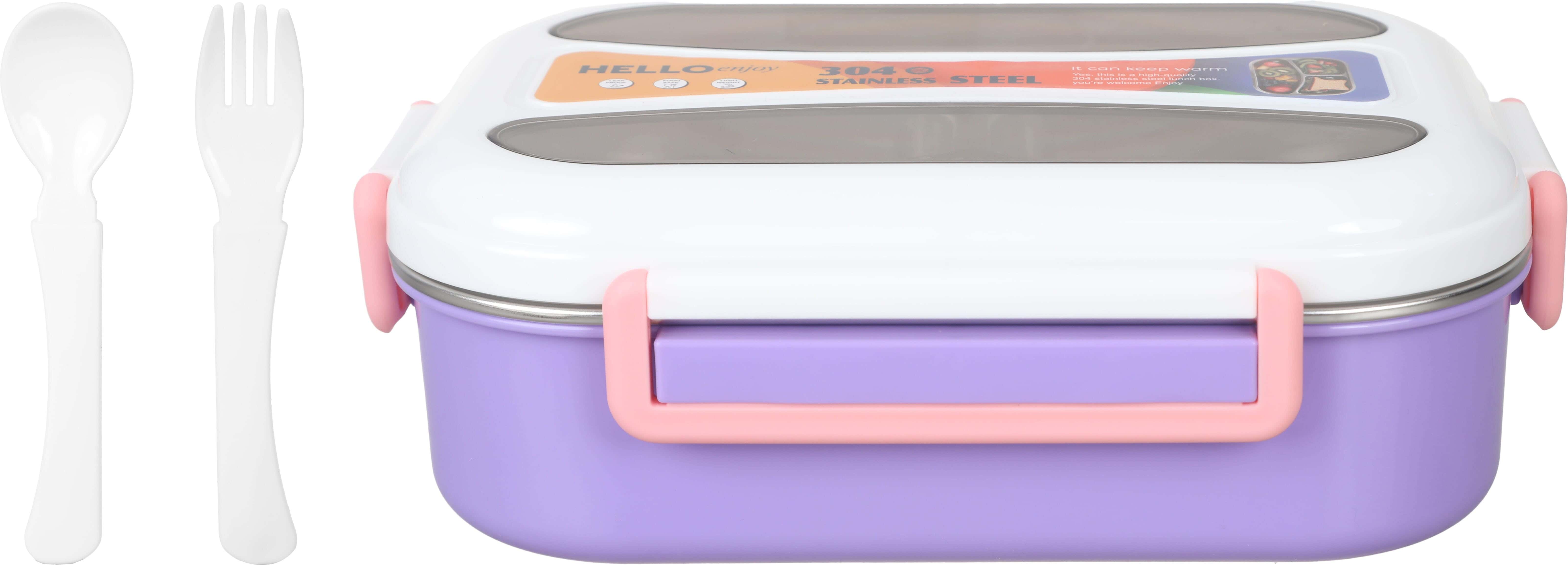Plastic Lunch Box with Stainless Steel core, 2 Eyes, Clip Lid, with Spoon and Fork, 7×15×20 cm - Mauve White