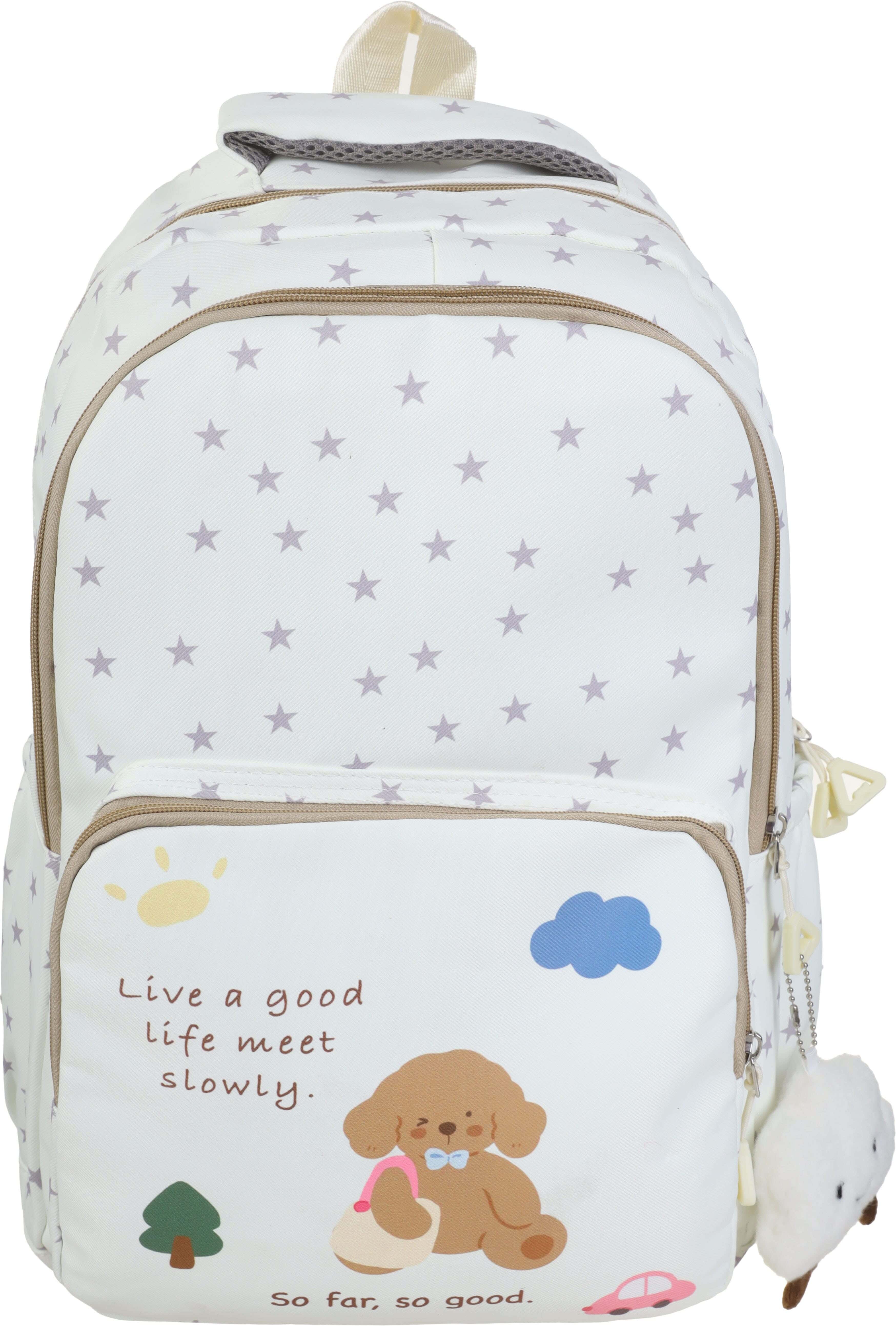 Waterproof school backpack for girls, 4 zippers, 42×28 cm, with keychain - Off White Brown