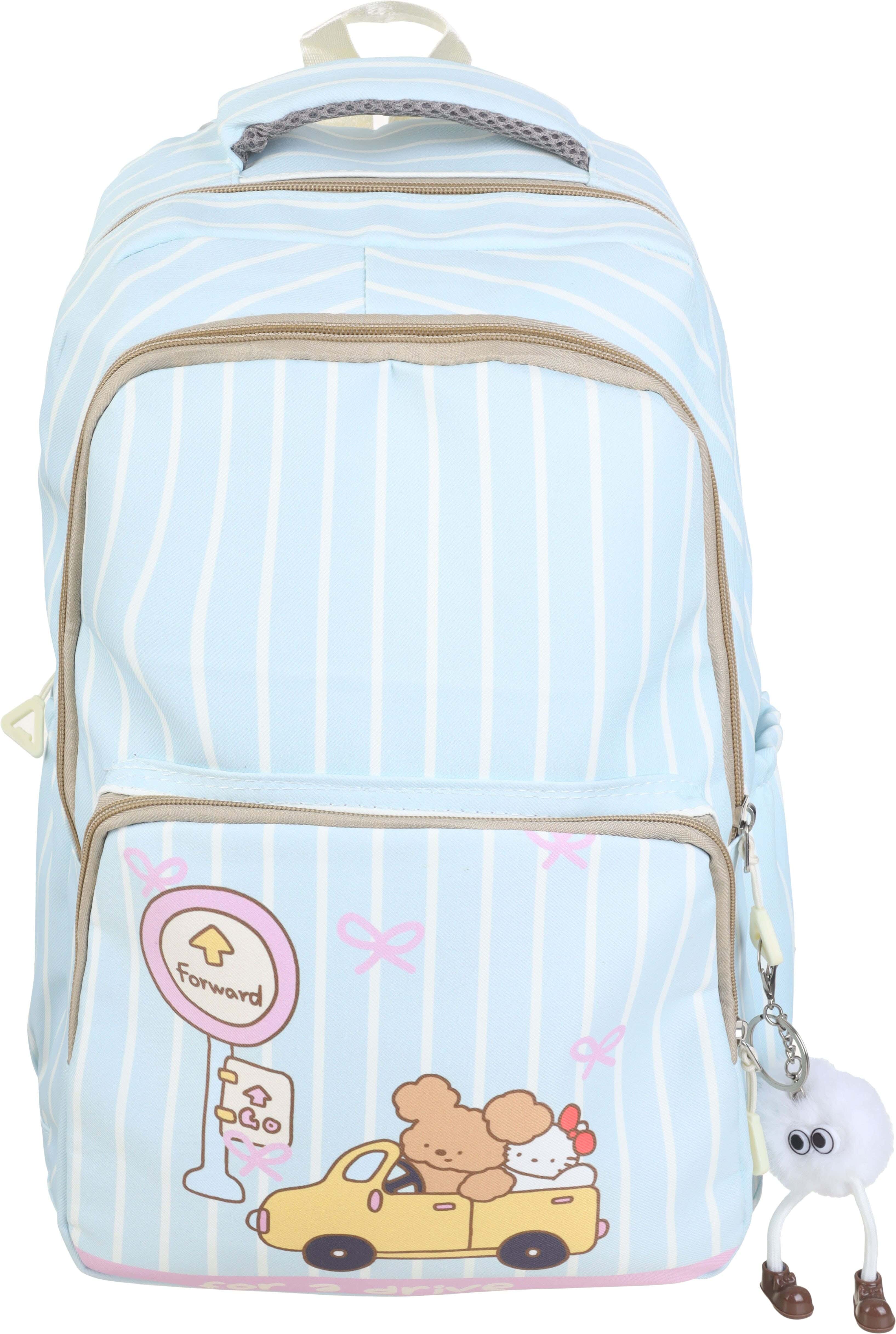 Waterproof school backpack for girls, 4 zippers, 42×28 cm, with keychain - Light Blue White