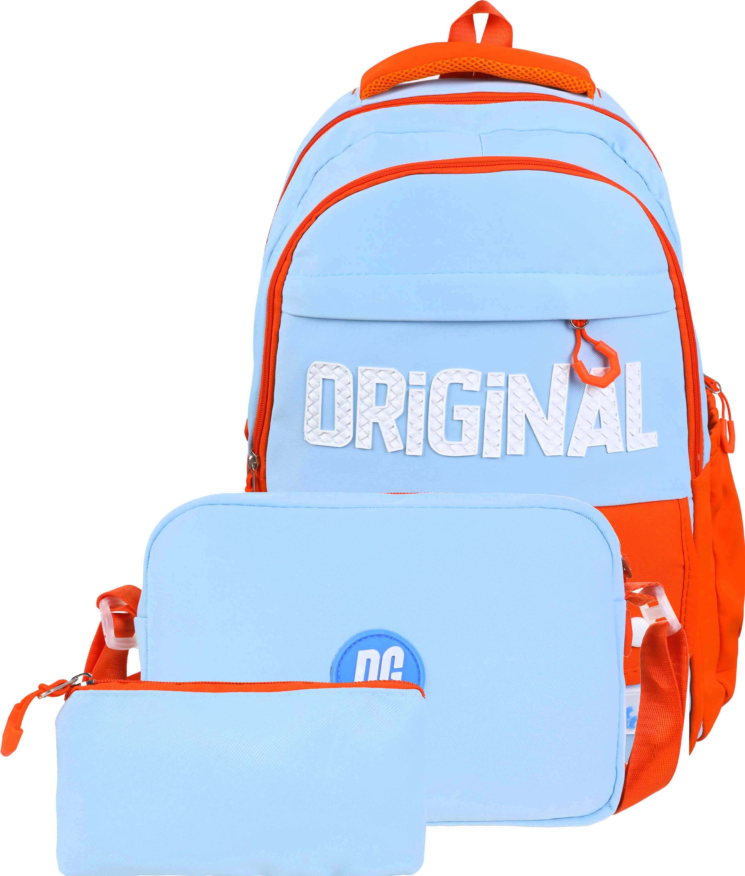 Waterproof School Bag For Girls, 18 Inch, 4 Zippers, With Lunch Box Bag and Pencil Case - Light Blue Orange