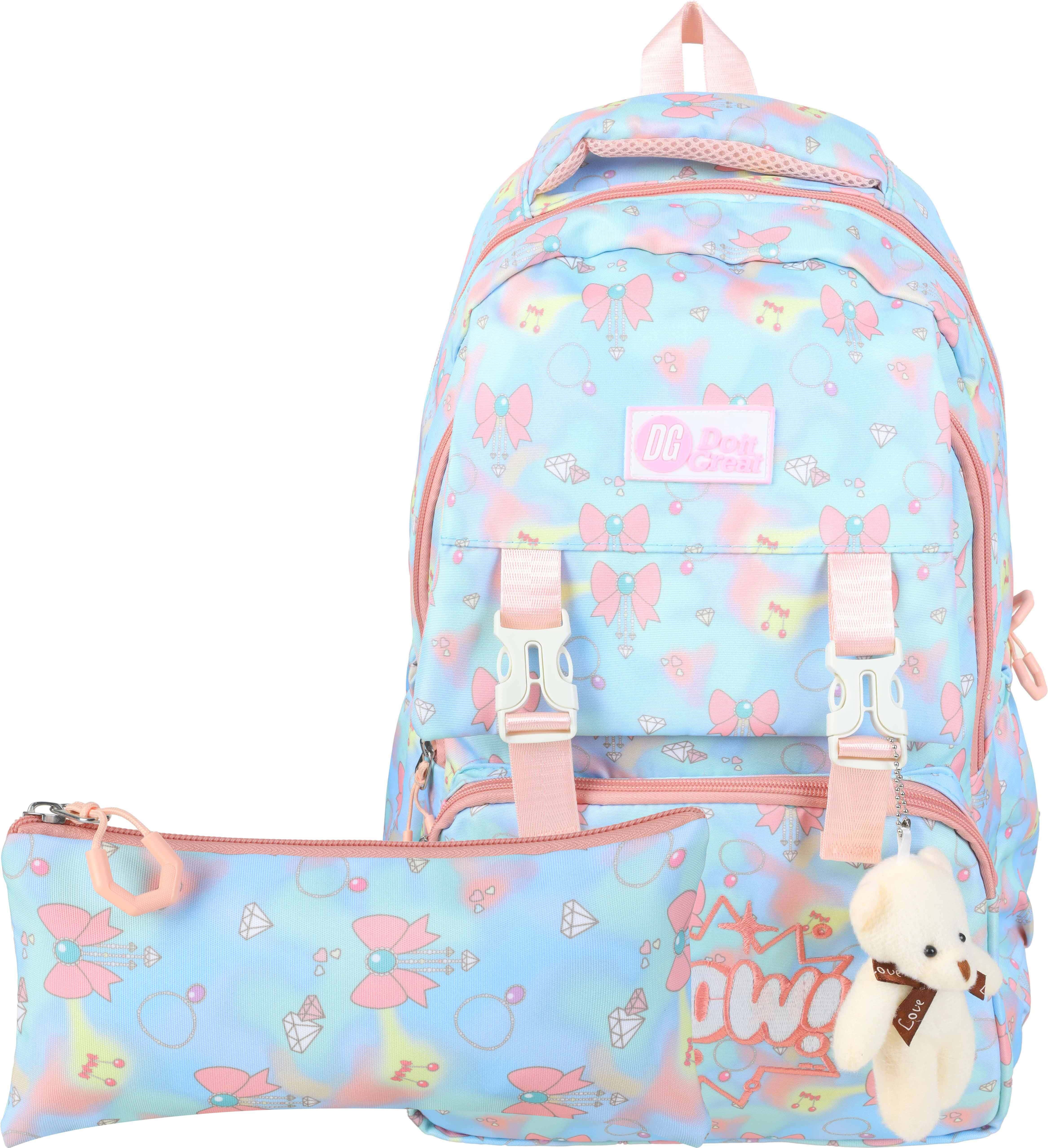 Waterproof school backpack for girls, 18 inches, with teddy bear and pencil case, 3 zippers - Multicolor