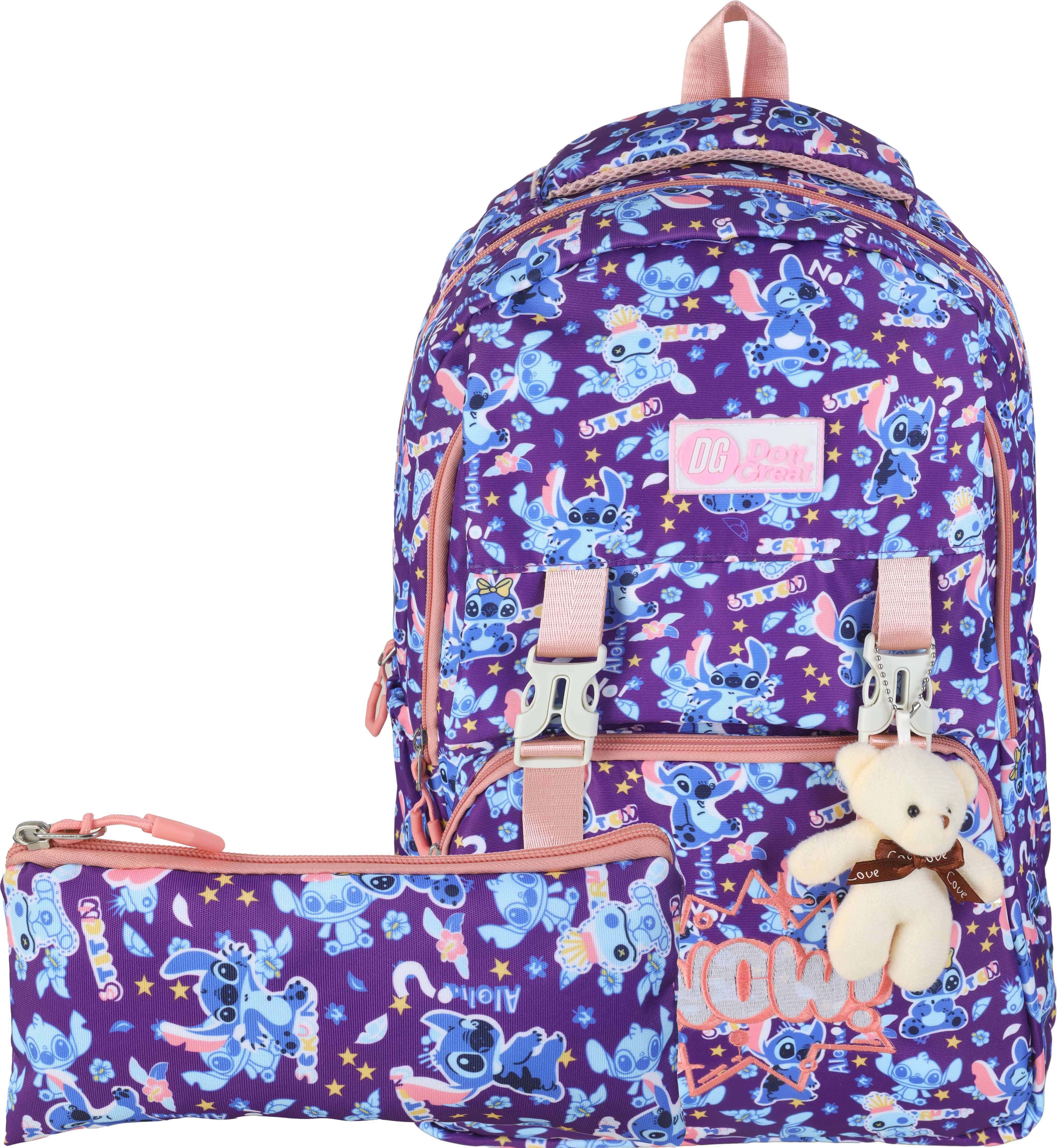 Waterproof school backpack for girls, 18 inches, with teddy bear and pencil case, 3 zippers - Multicolor