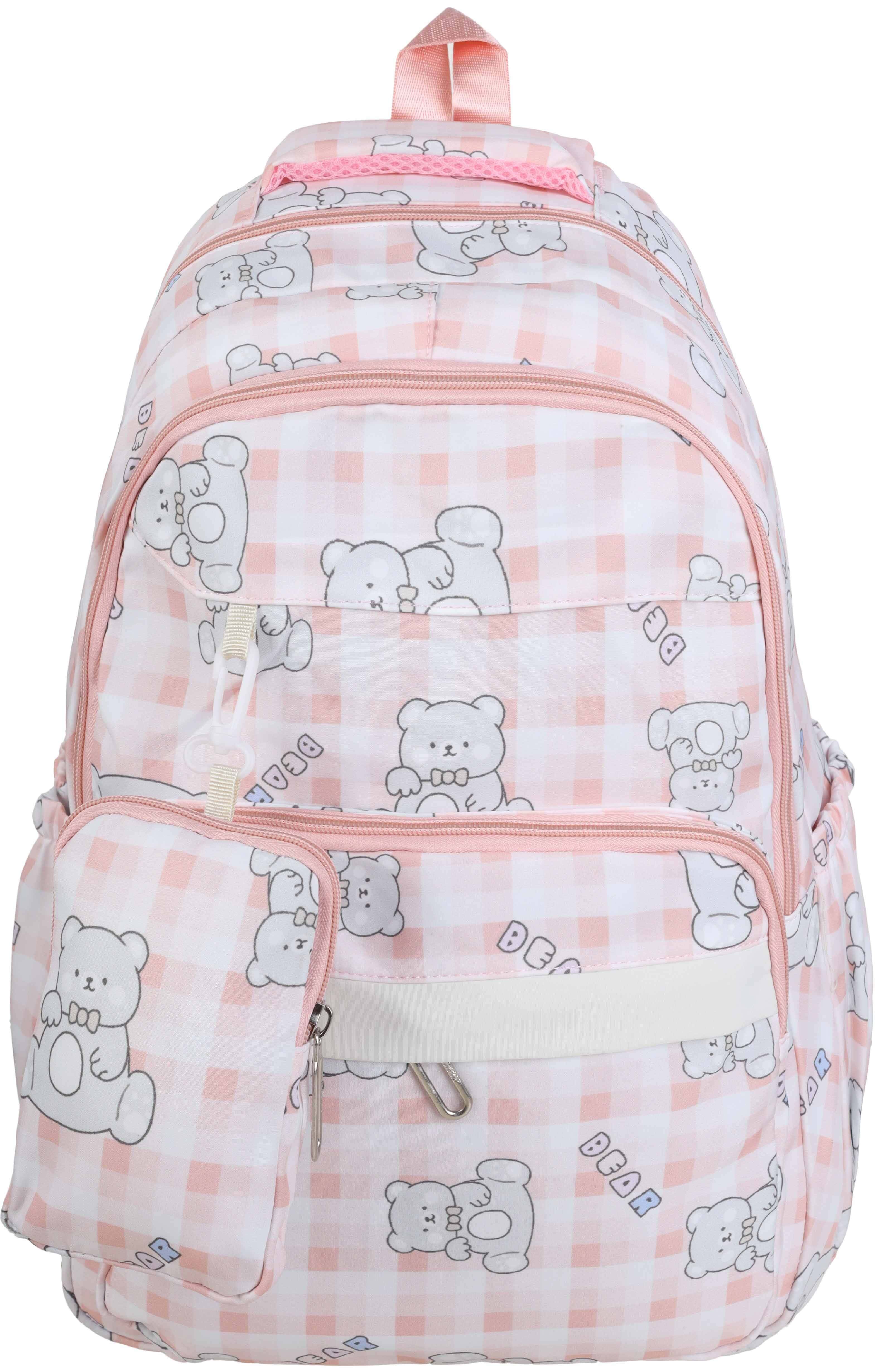 Girls' Waterproof School Backpack, 18 inches, 4 Zippers, with pencil case - Rose White