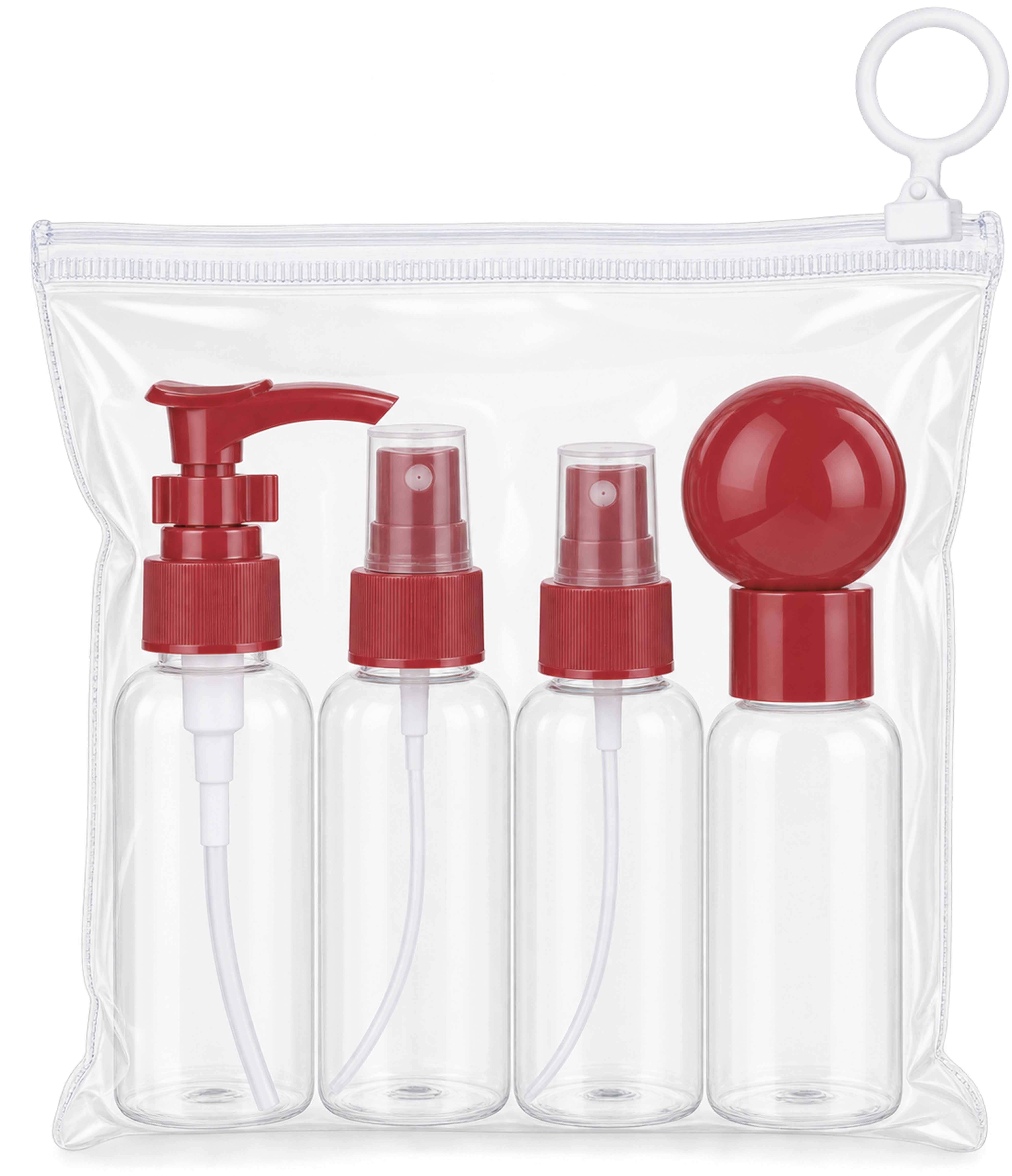 Plastic Makeup Bottle Set, 5 Pieces - Clear Dark Red
